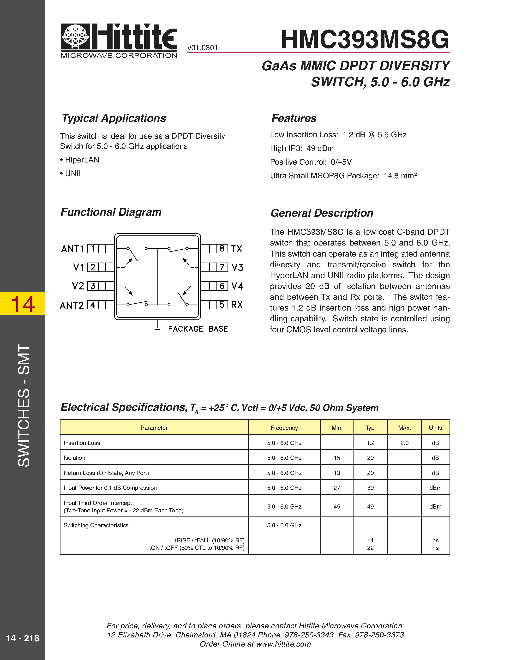 Datasheet HMC393MS8G - GaAs MMIC DPDT DIVERSITY SWITCH/ 5.0 - 6.0 GHz page 1
