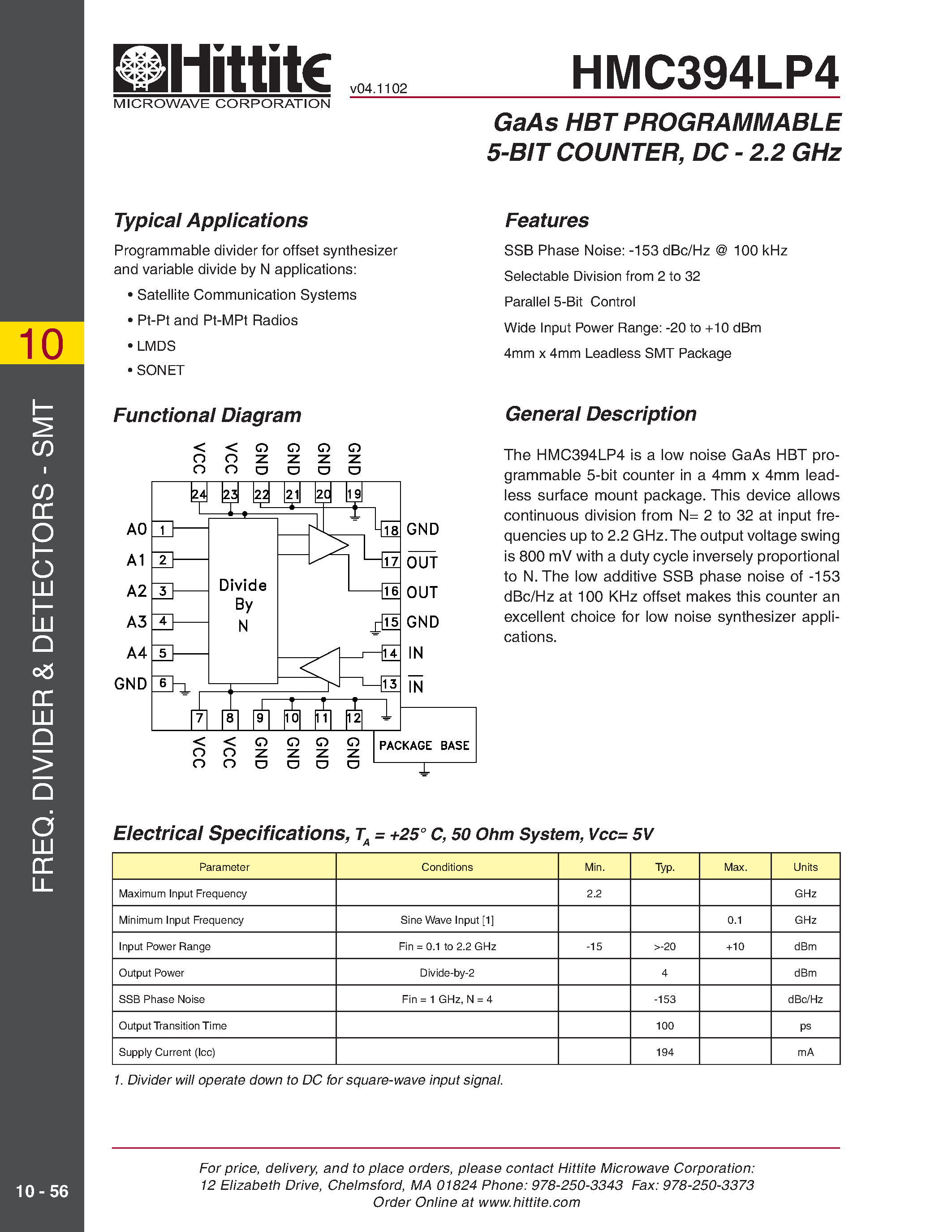 Datasheet HMC394LP4 - GaAs HBT PROGRAMMABLE 5-BIT COUNTER/ DC - 2.2 GHz page 1