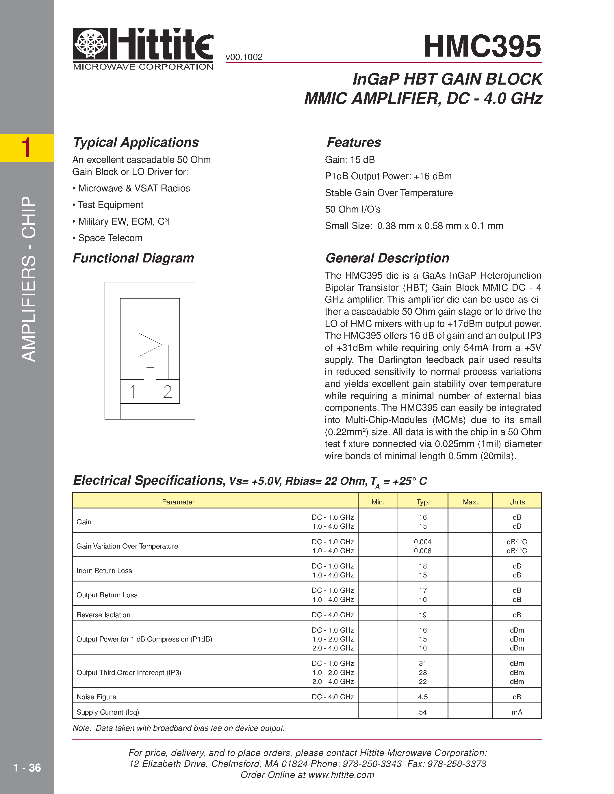 Даташит HMC395 - InGaP HBT GAIN BLOCK MMIC AMPLIFIER/ DC - 4.0 GHz страница 1