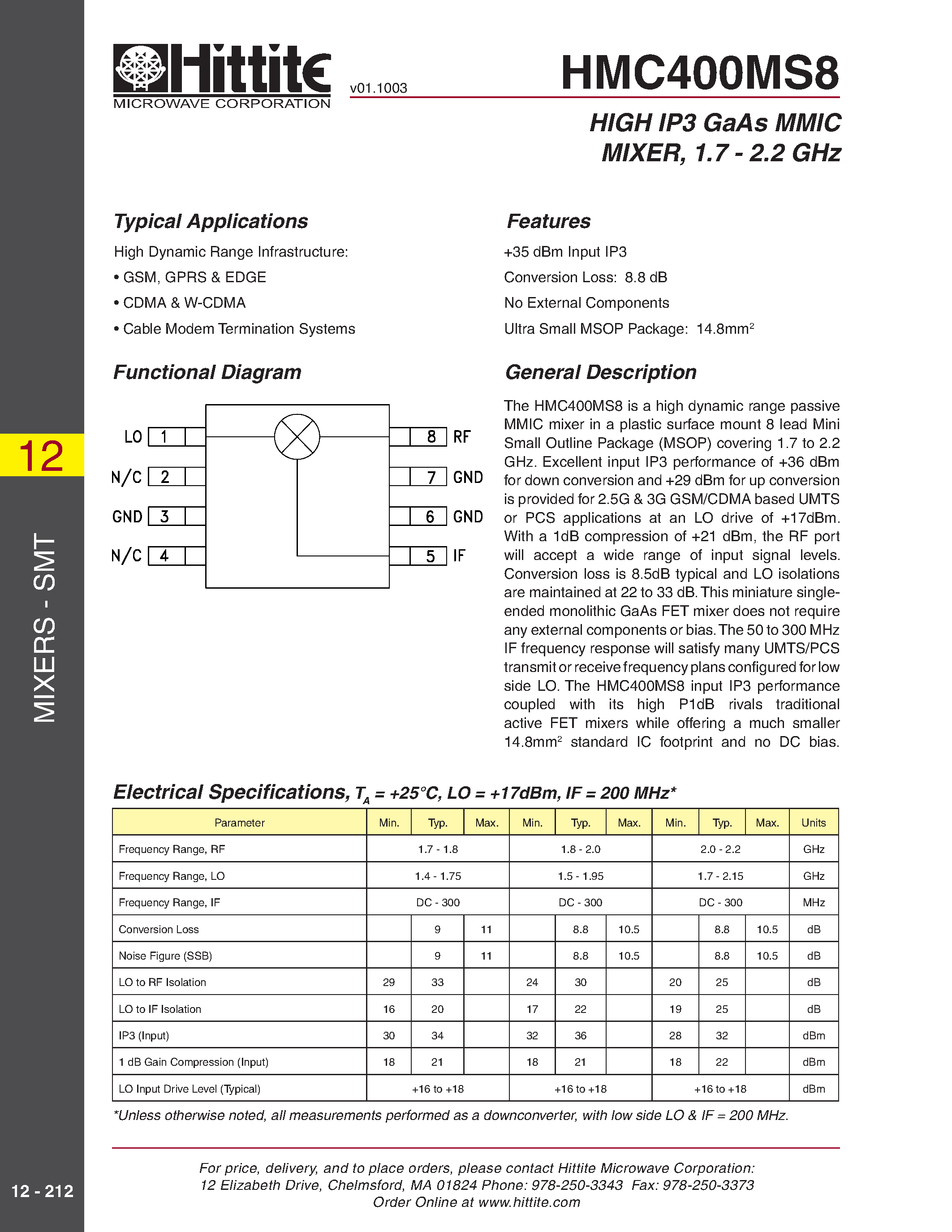 Datasheet HMC400MS8 - HIGH IP3 GaAs MMIC MIXER/ 1.7 - 2.2 GHz page 1