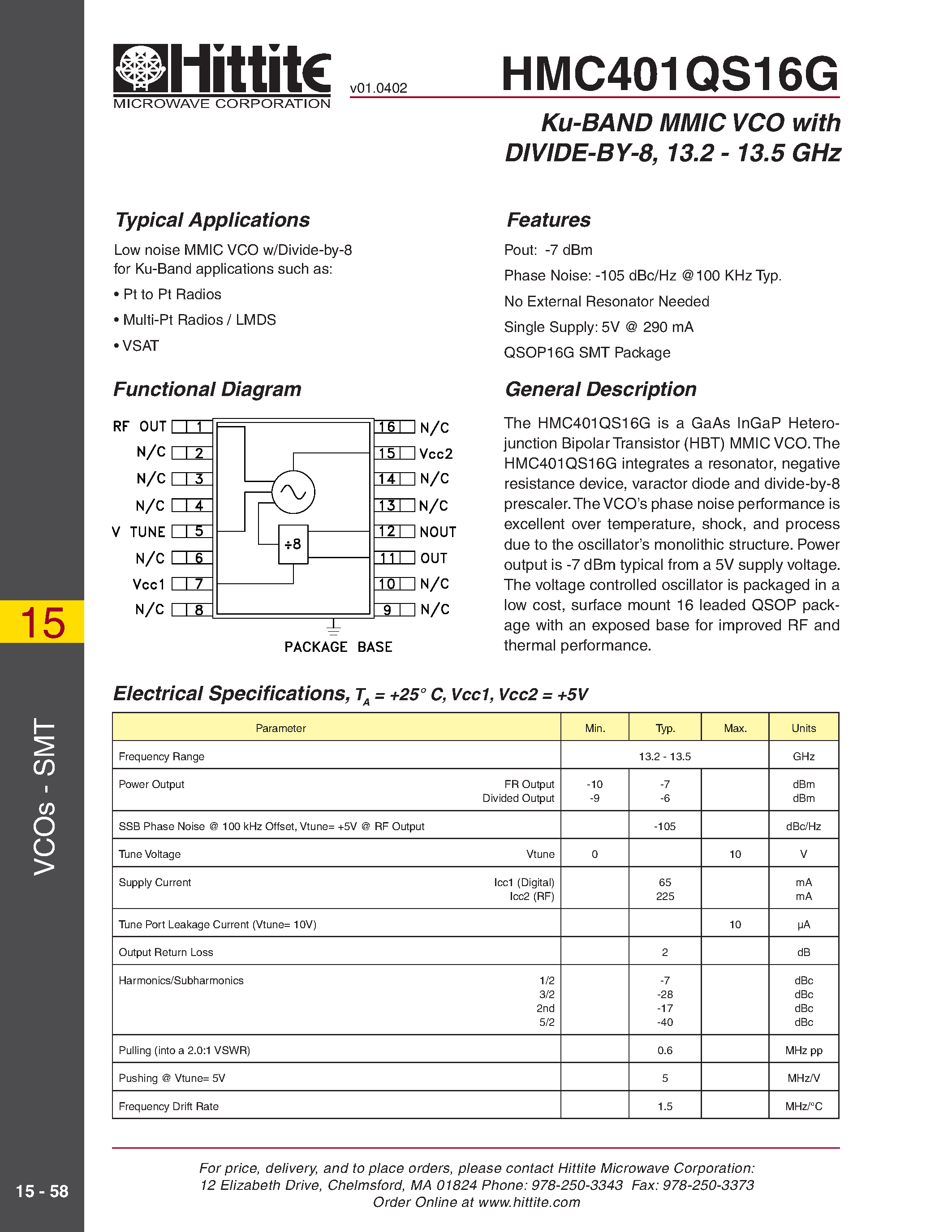 Datasheet HMC401QS16G - Ku-BAND MMIC VCO with DIVIDE-BY-8/ 13.2 - 13.5 GHz page 1