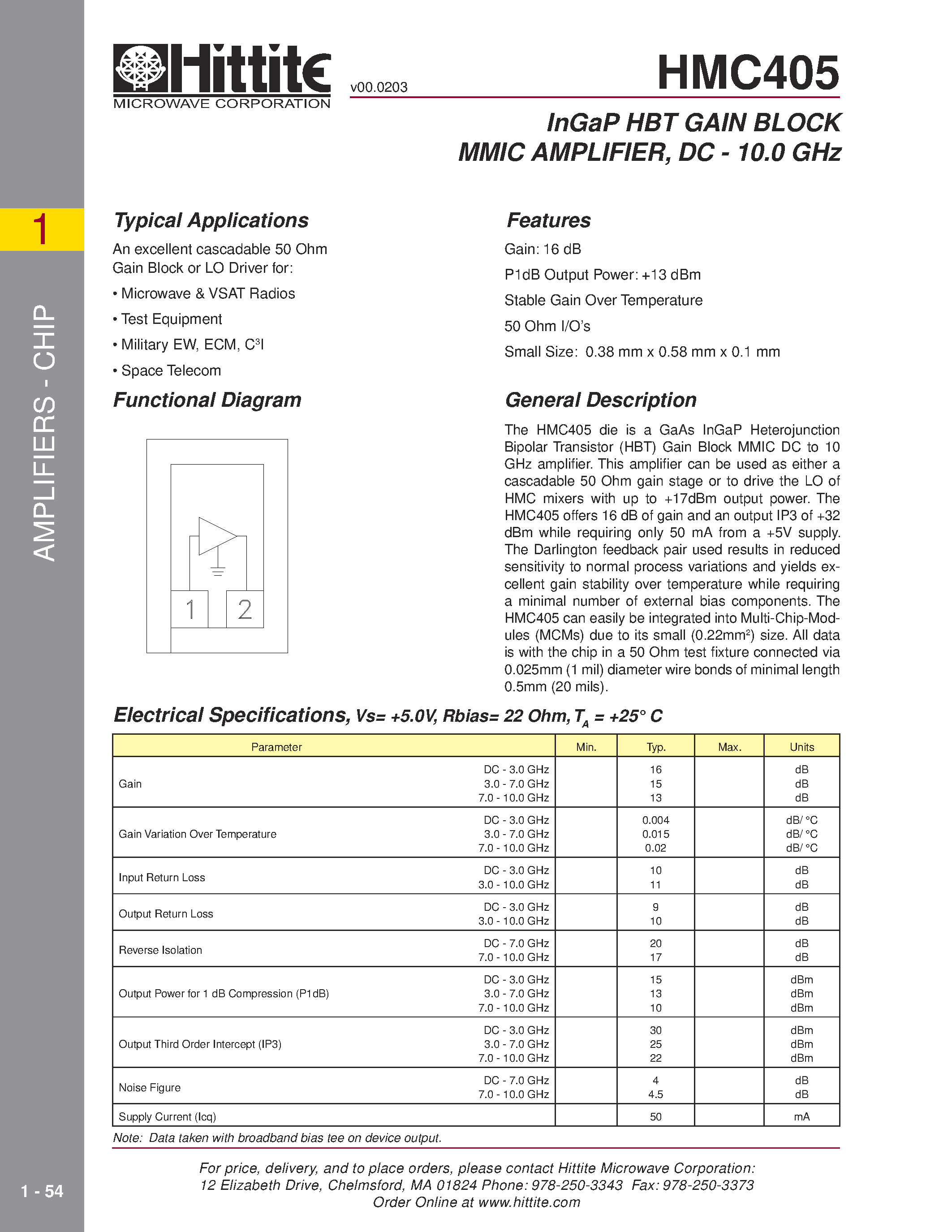 Datasheet HMC405 - InGaP HBT GAIN BLOCK MMIC AMPLIFIER/ DC - 10.0 GHz page 1
