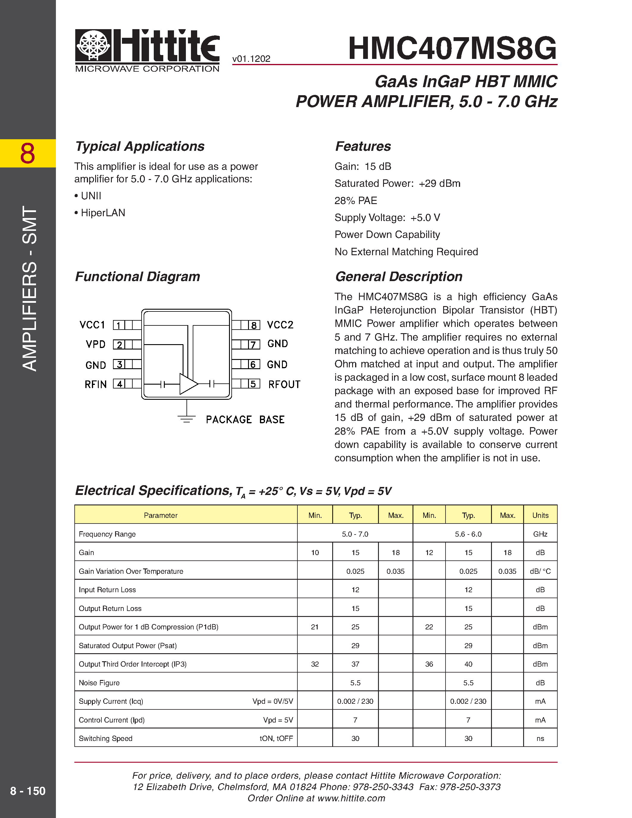 Datasheet HMC407MS8G page 1 Datasheet HMC407MS8G - GaAs InGaP HBT MMIC POWER AMPLIFIER/ 5.0 - 7.0 GHz page 1