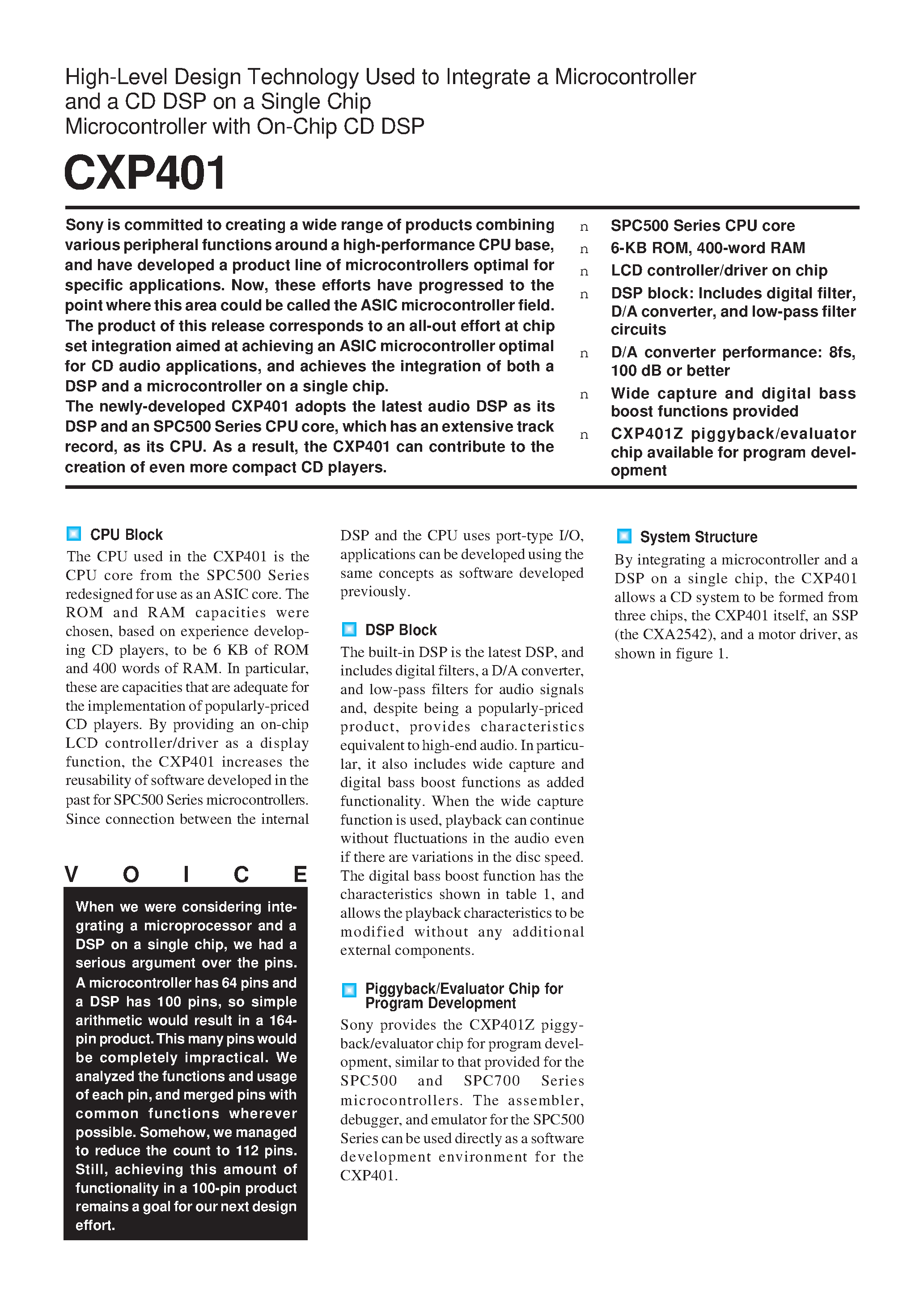Datasheet CXP401 page 1 Datasheet CXP401 - SPC500 Series CPU core 6-KB ROM/ 400-word RAM LCD controller/driver on chip page 1