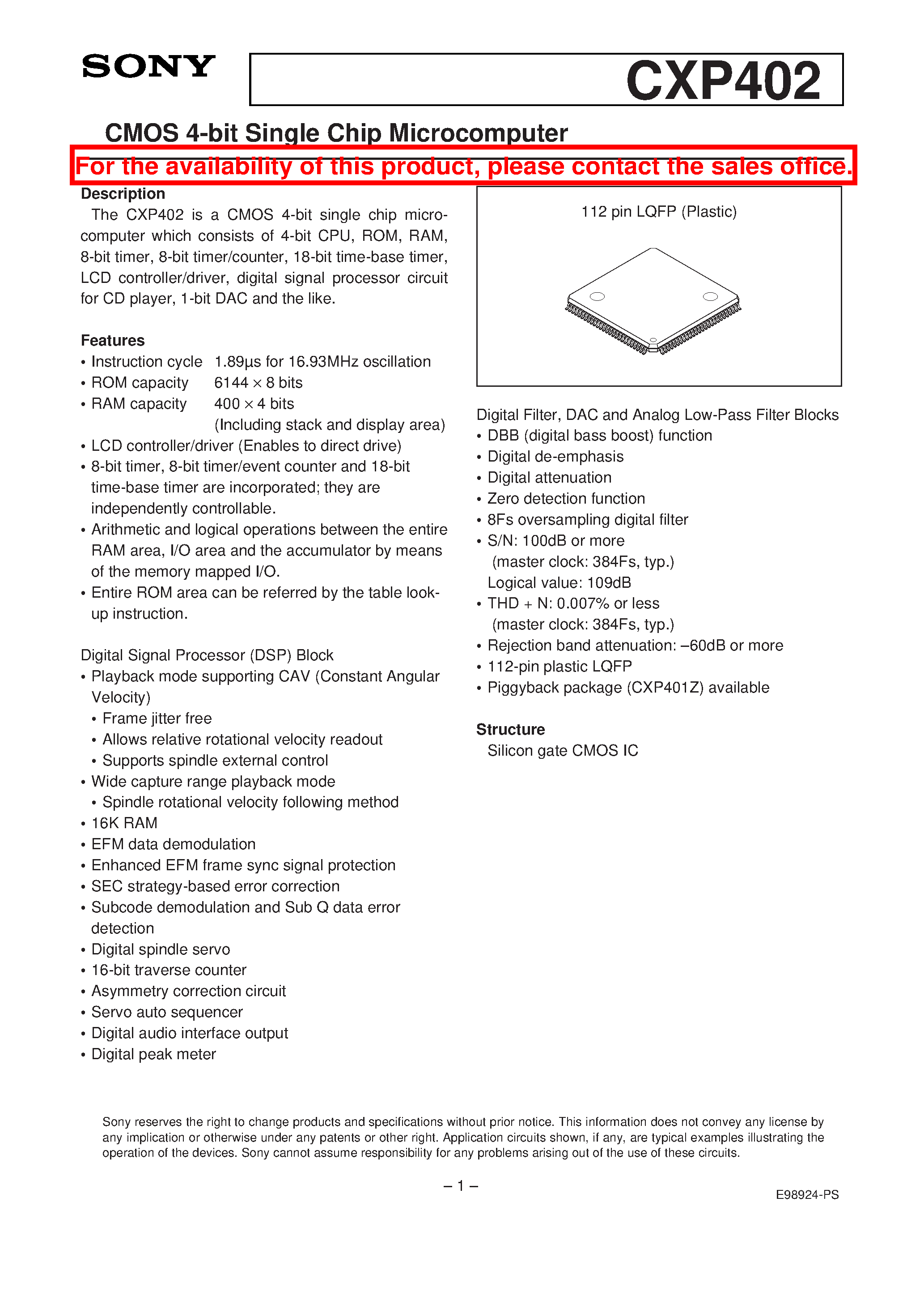 Datasheet CXP402 - CMOS 4-bit Single Chip Microcomputer page 1