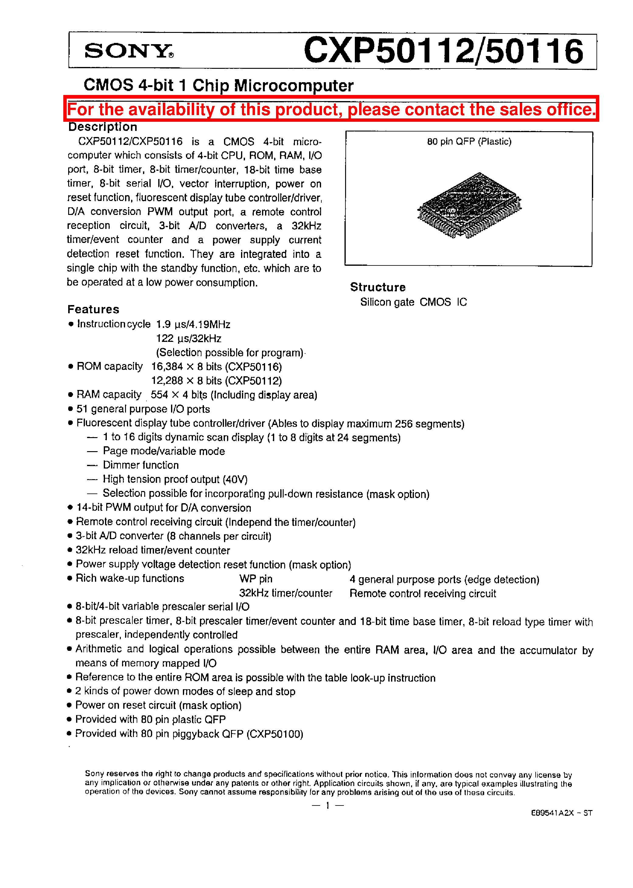 Datasheet CXP50112 page 1 Datasheet CXP50112 - CMOS 4-BIT 1 CHIP MICROCOMPUTER page 1