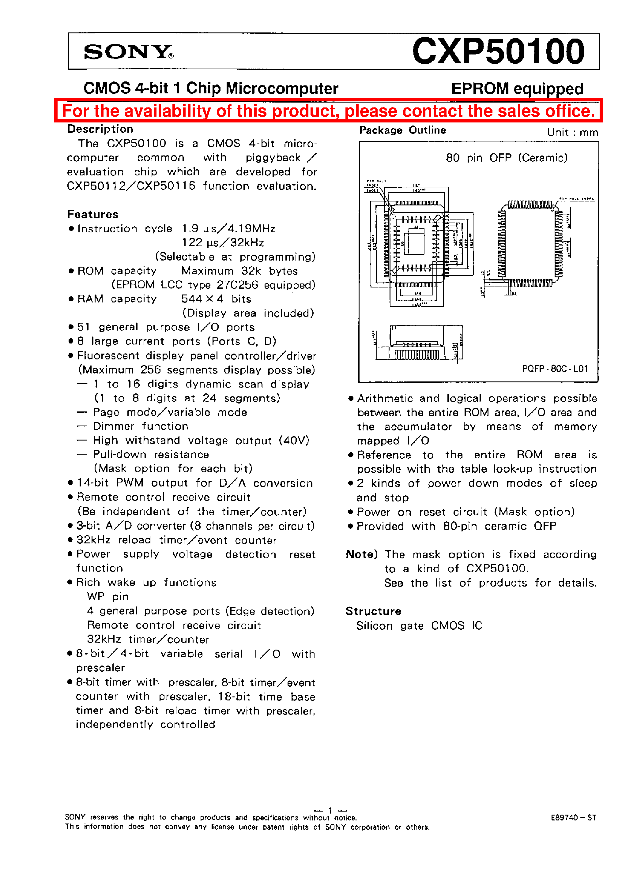 Datasheet CXP50116 - CMOS 4-BIT 1 CHIP MICROCOMPUTER page 1