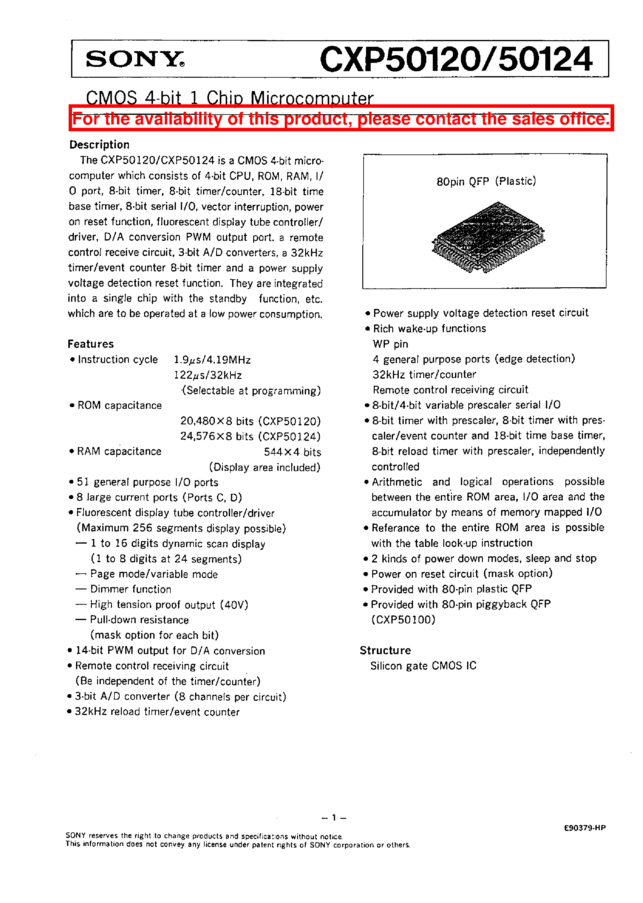 Datasheet CXP50120 - CMOS 4-BIT 1 CHIP MICROCOMPUTER page 1