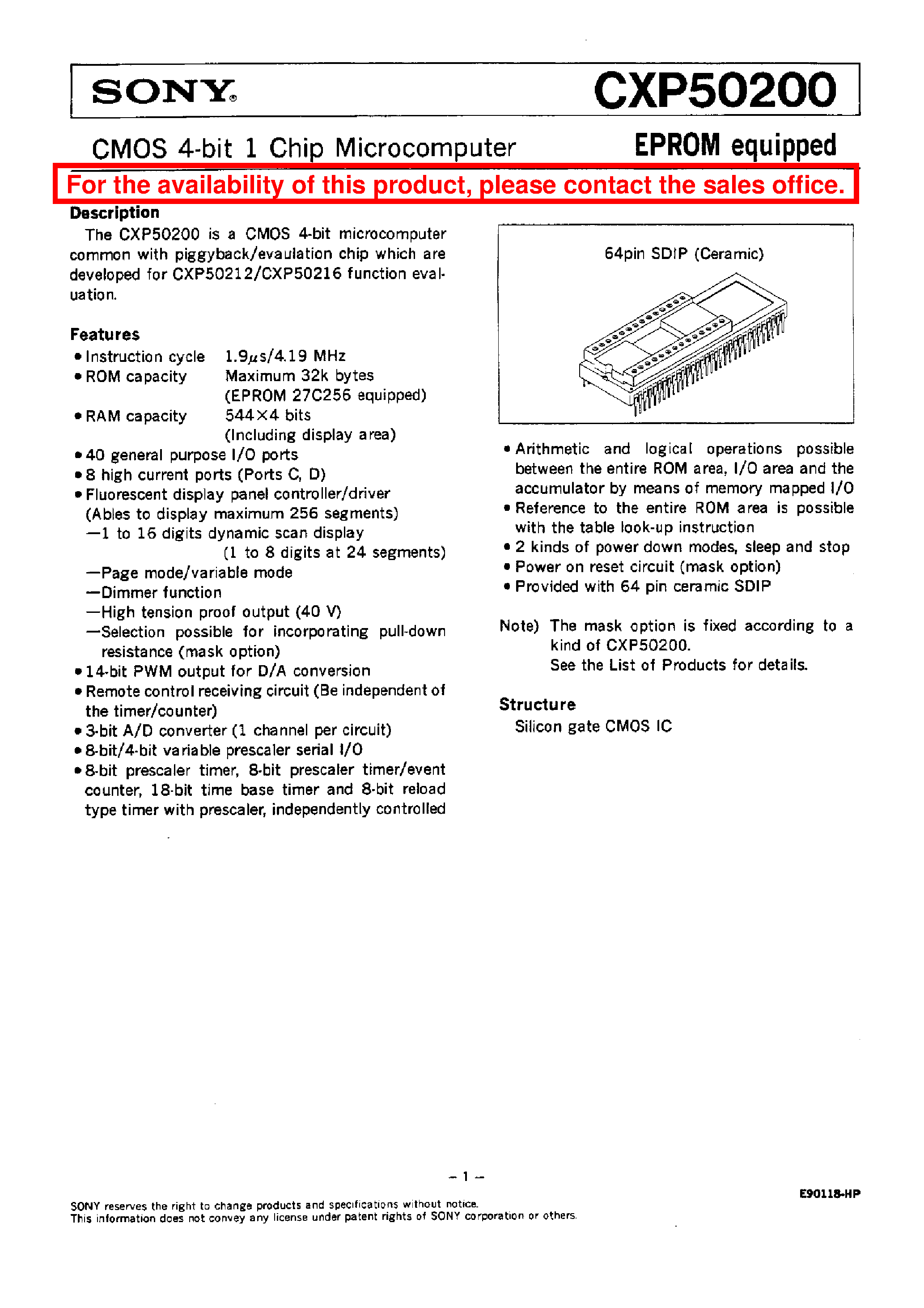 Datasheet CXP50200 - CMOS 4-BIT 1 CHIP MICROCOMPUTER page 1