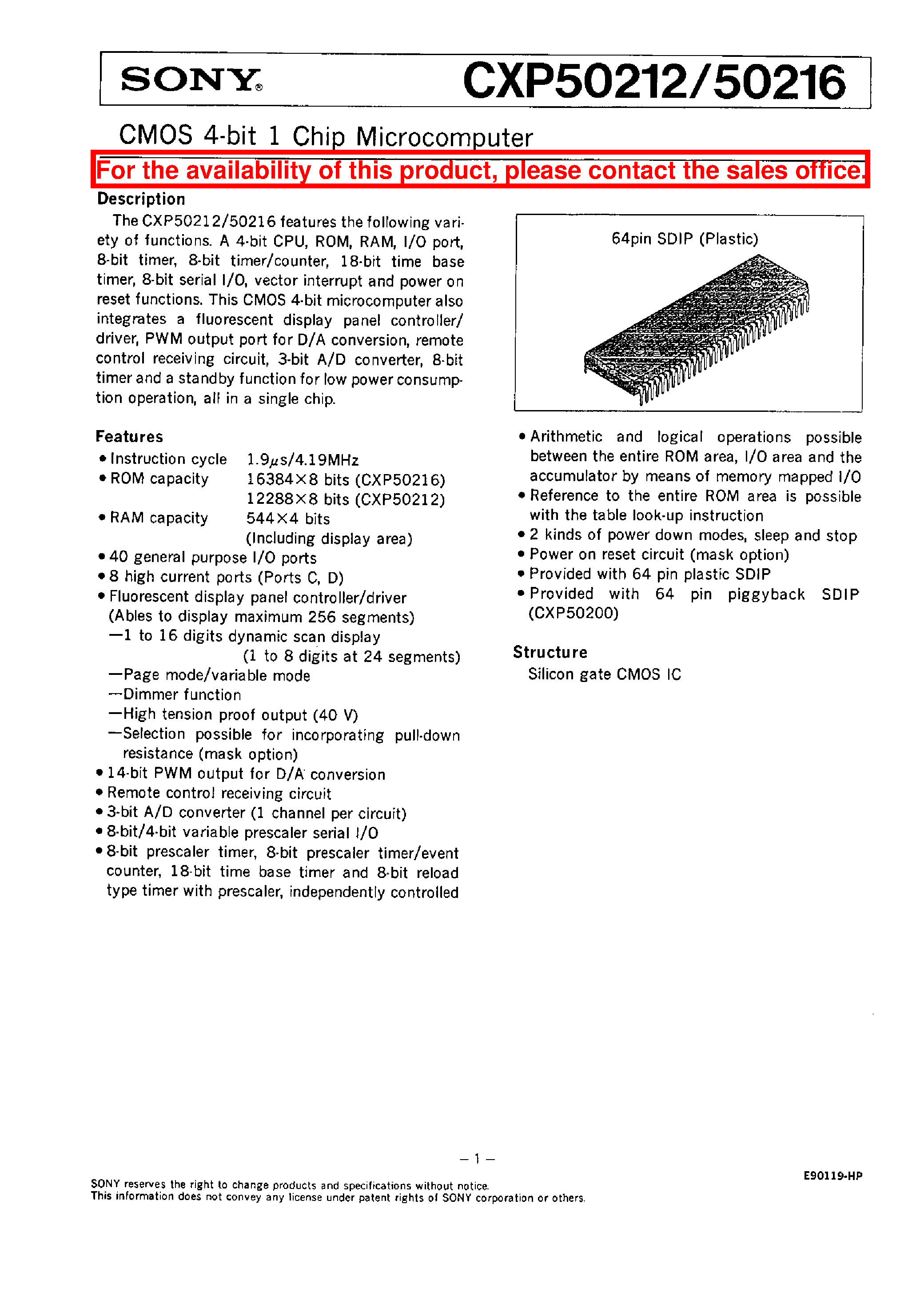 Datasheet CXP50212 - CMOS 4-BIT 1 CHIP MICROCOMPUTER page 1