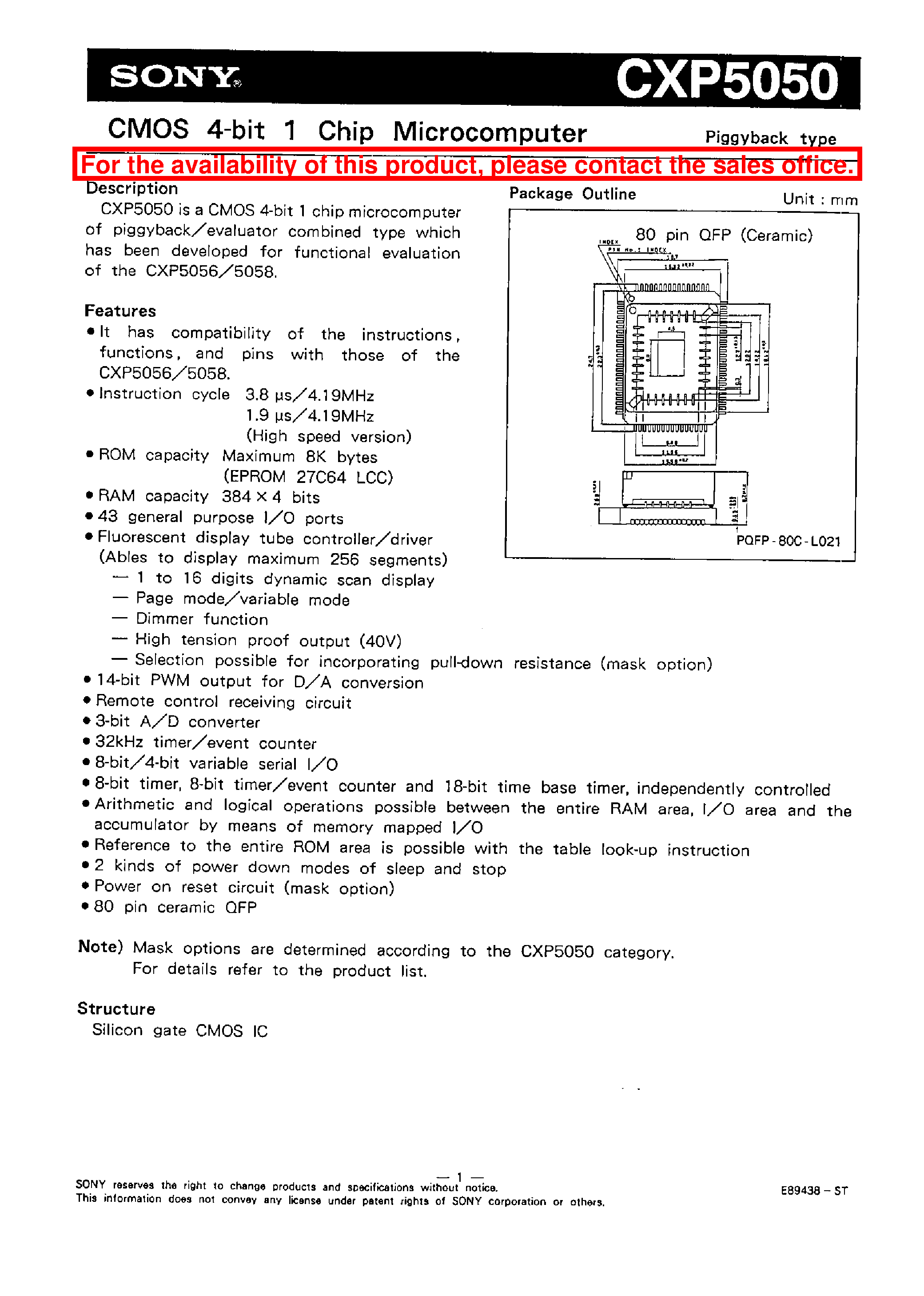 Datasheet CXP5050 - CMOS 4-BIT 1 CHIP MICROCOMPUTER page 1