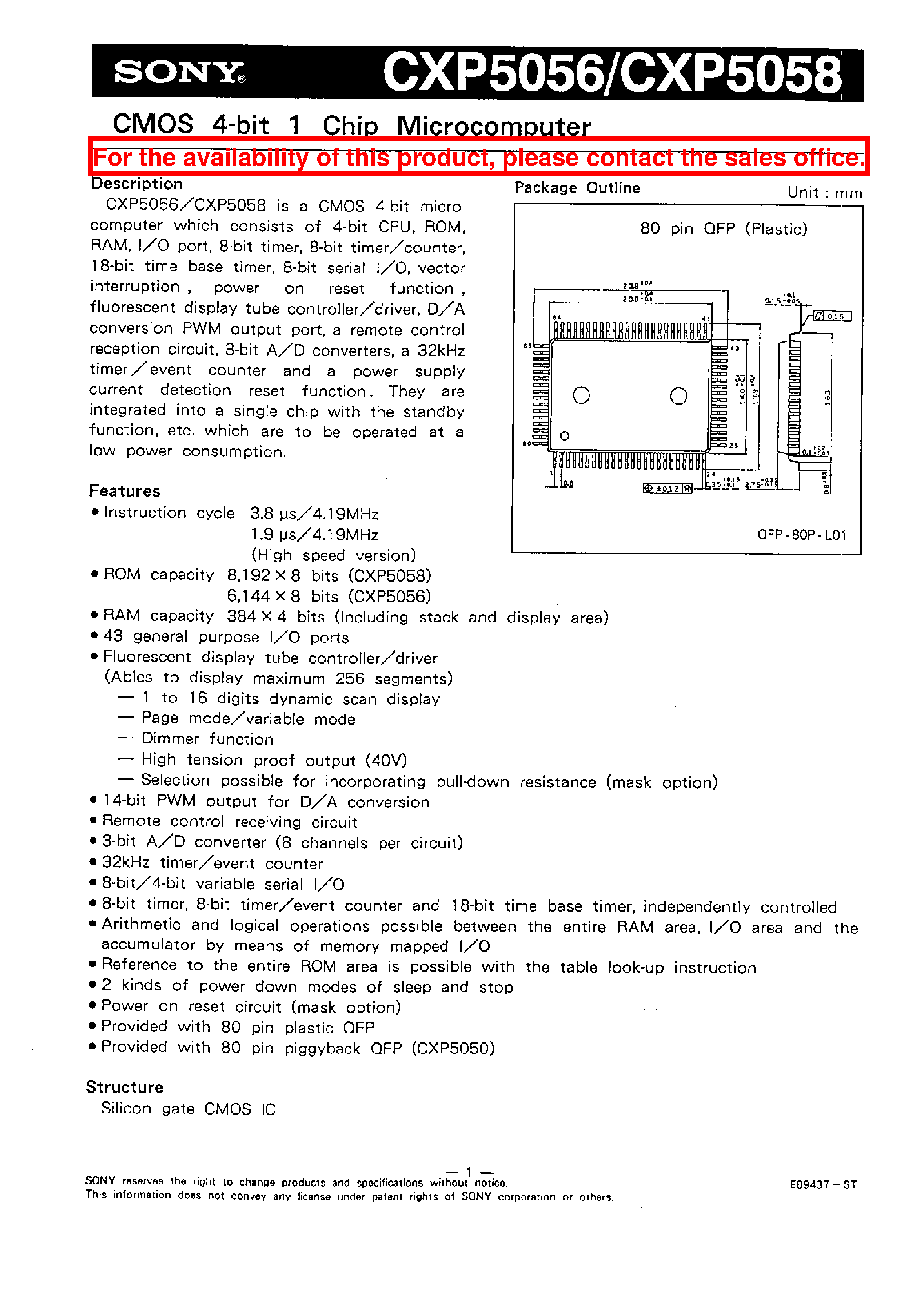 Datasheet CXP5056 - CMOS 4-BIT 1 CHIP MICROCOMPUTER page 1