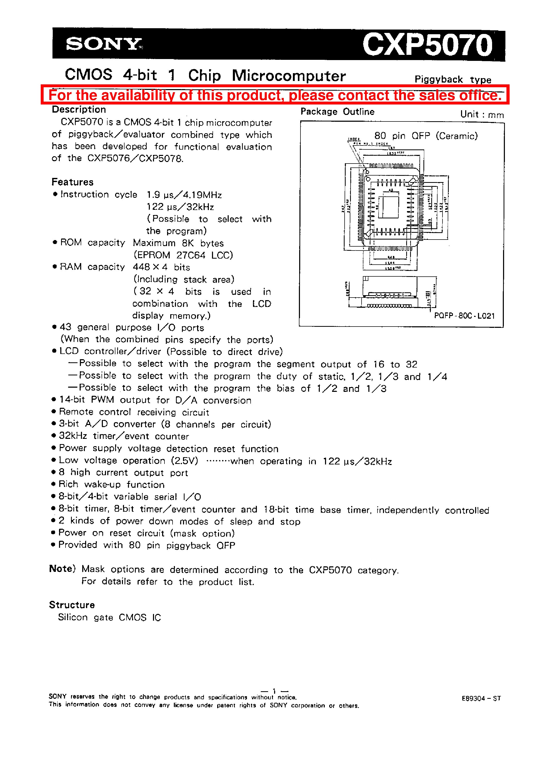 Datasheet CXP5070 - CMOS 4-BIT 1 CHIP MICROCOMPUTER page 1
