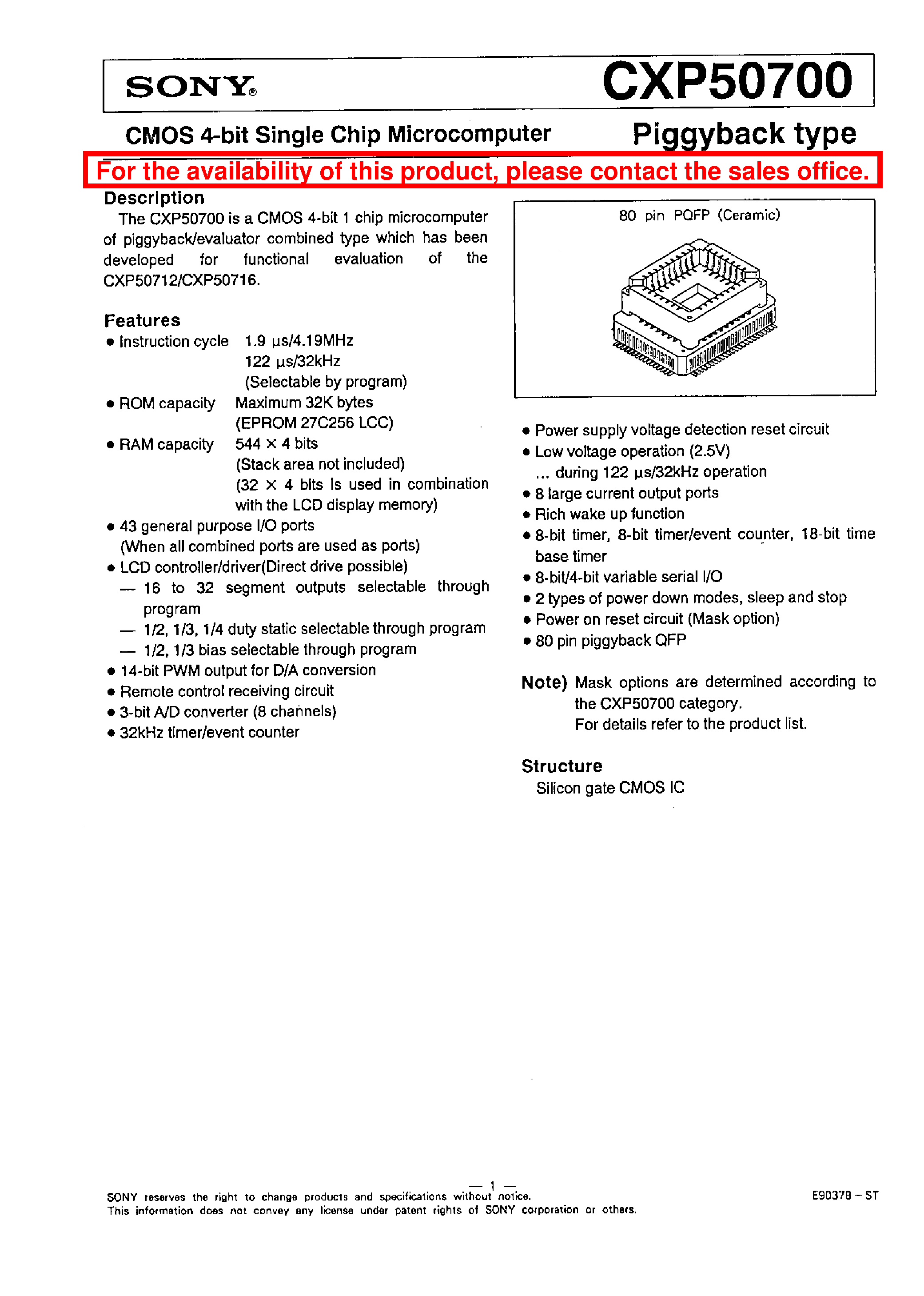 Datasheet CXP50700 page 1 Datasheet CXP50700 - CMOS 4-BIT SINGLE CHIP MICROCOMPUTER page 1