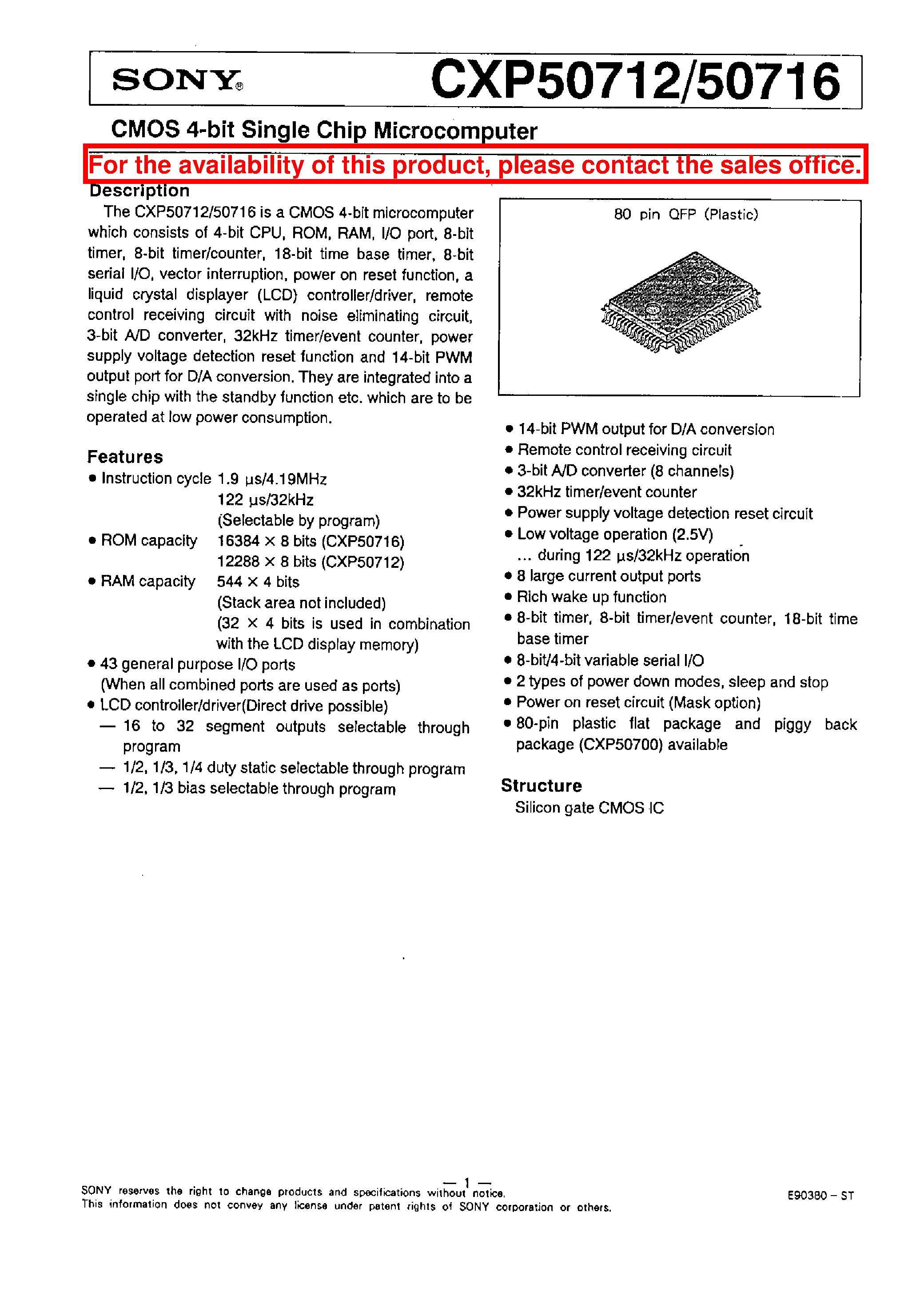 Datasheet CXP50716 page 1 Datasheet CXP50716 - CMOS 4-BIT SINGLE CHIP MICROCOMPUTER page 1