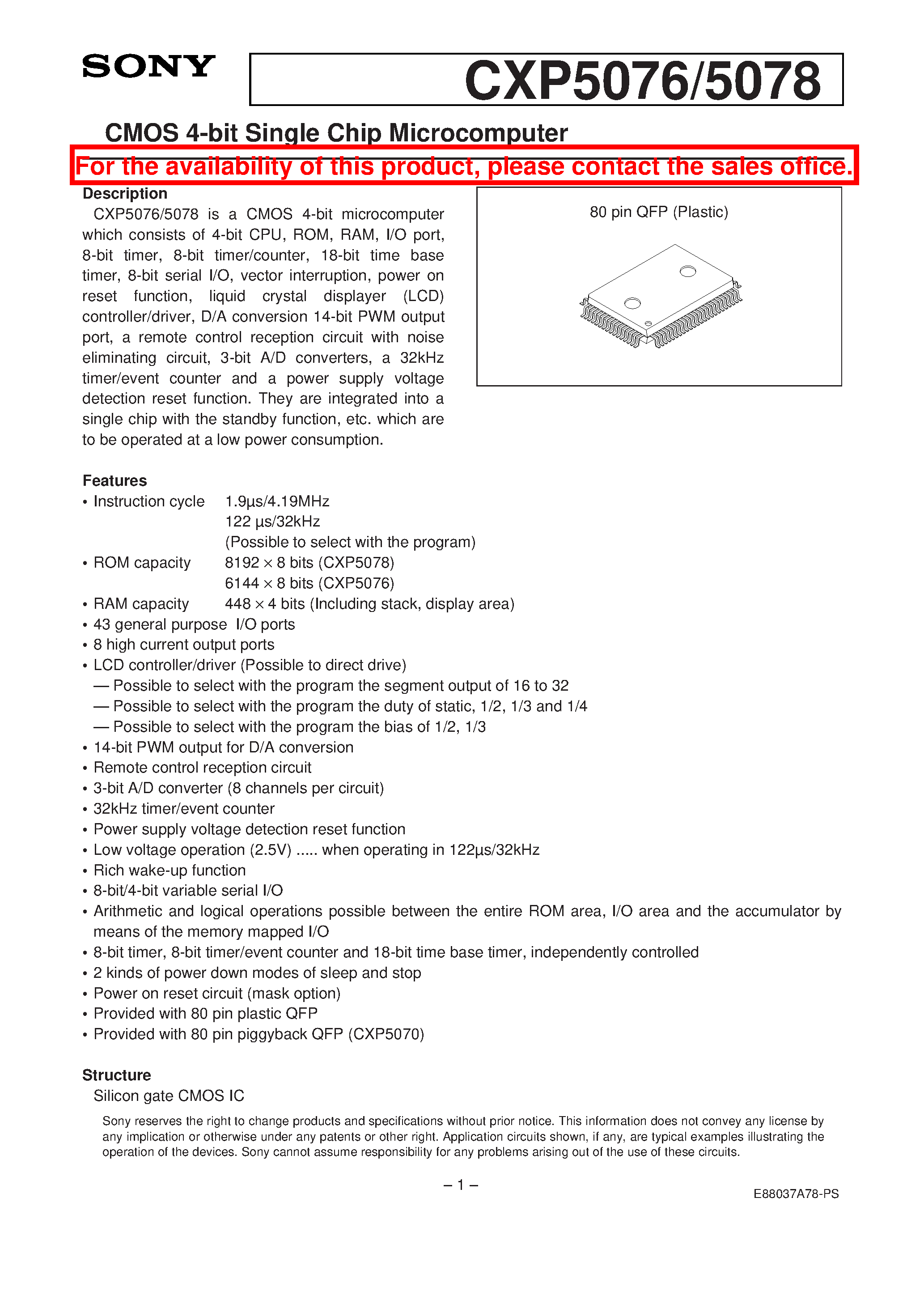 Datasheet CXP5078 - CMOS 4-bit Single Chip Microcomputer page 1