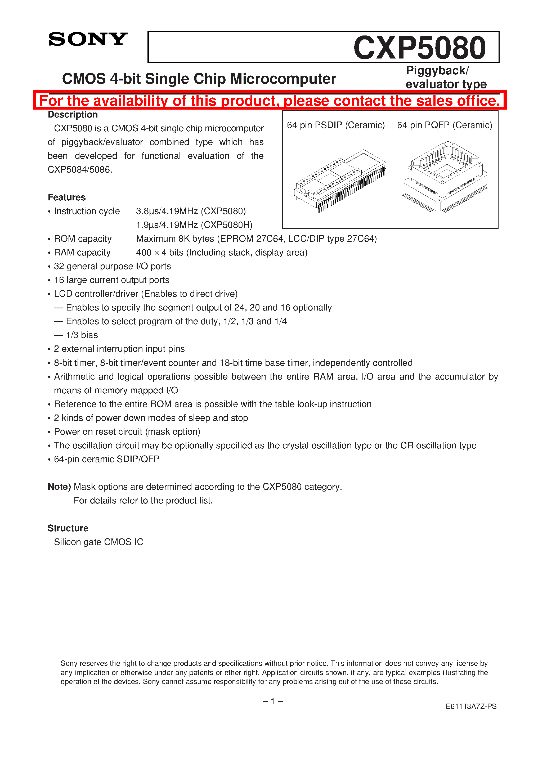 Datasheet CXP5080 - CMOS 4-bit Single Chip Microcomputer page 1