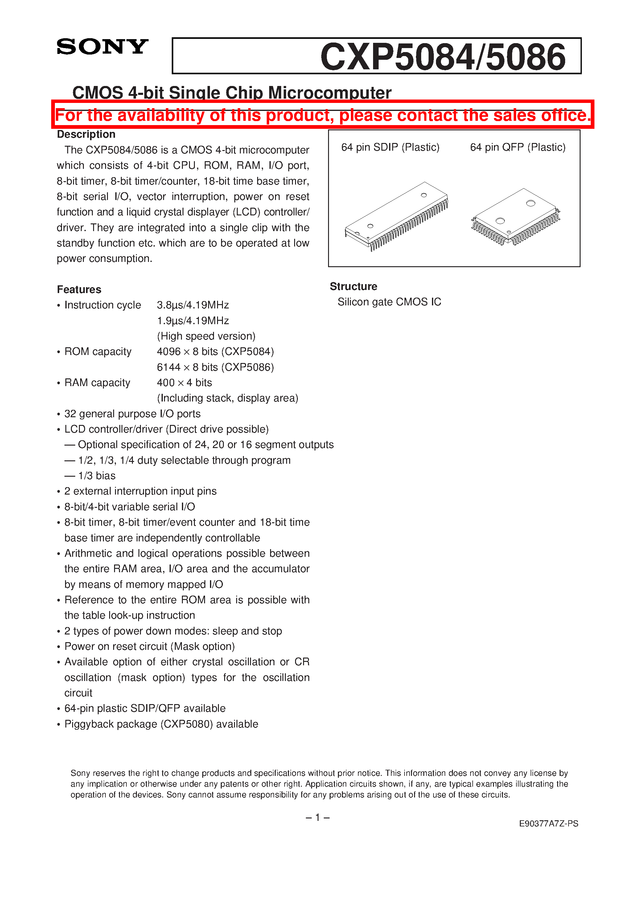 Datasheet CXP5084 - CMOS 4-bit Single Chip Microcomputer page 1