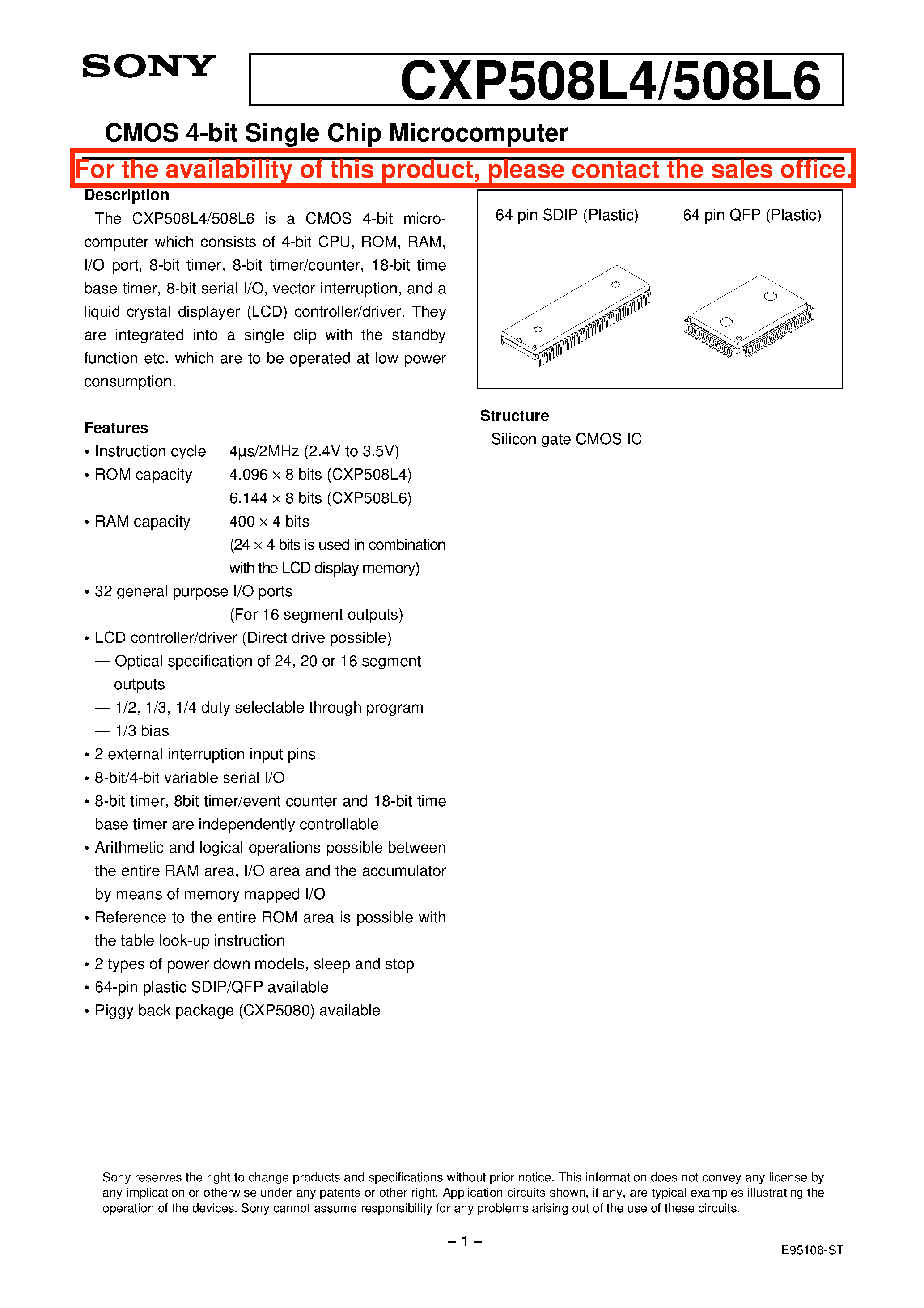 Datasheet CXP508L6 - CMOS 4-bit Single Chip Microcomputer page 1