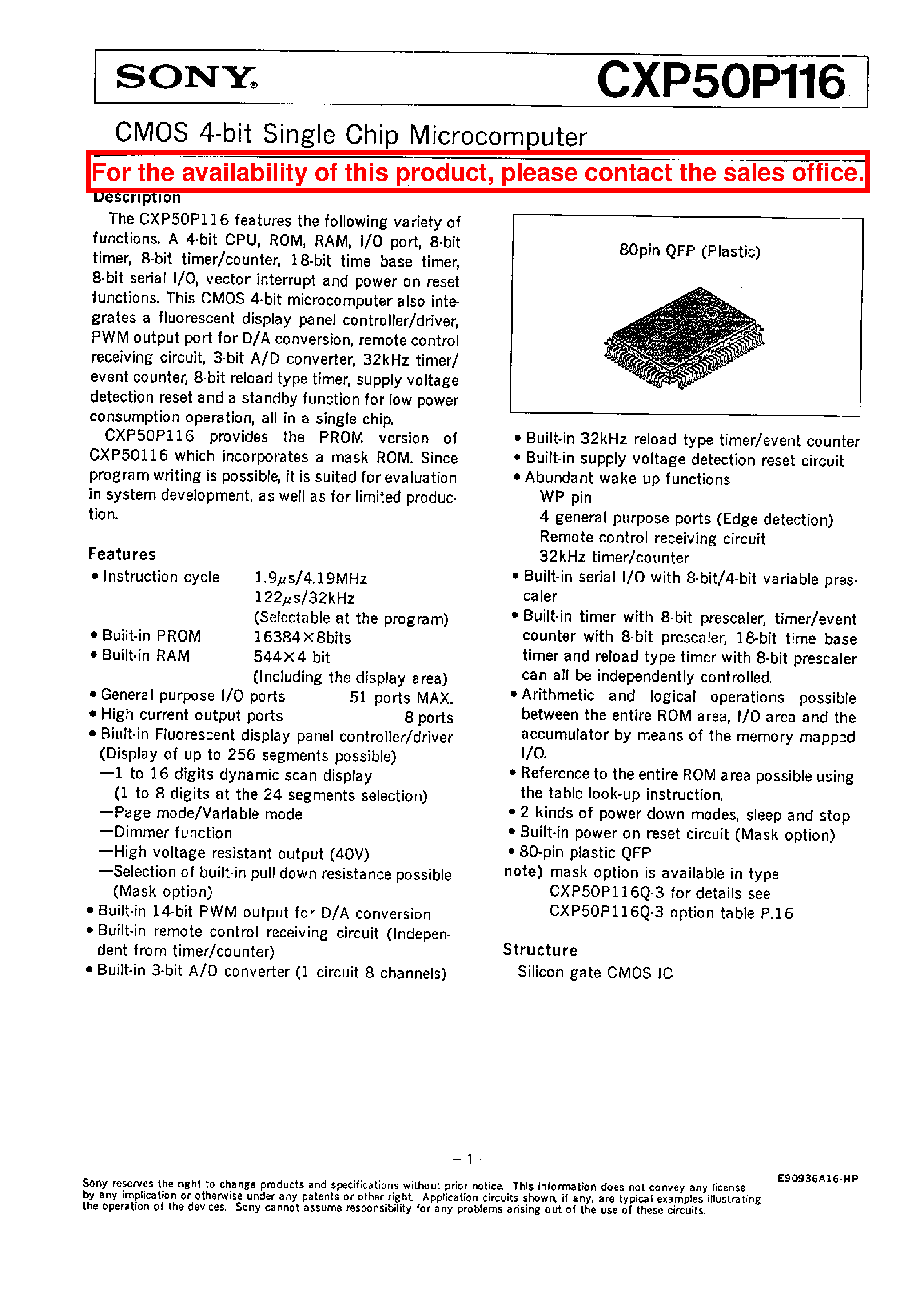 Datasheet CXP50P116 - CMOS 4-bit Single Chip Microcomputer page 1
