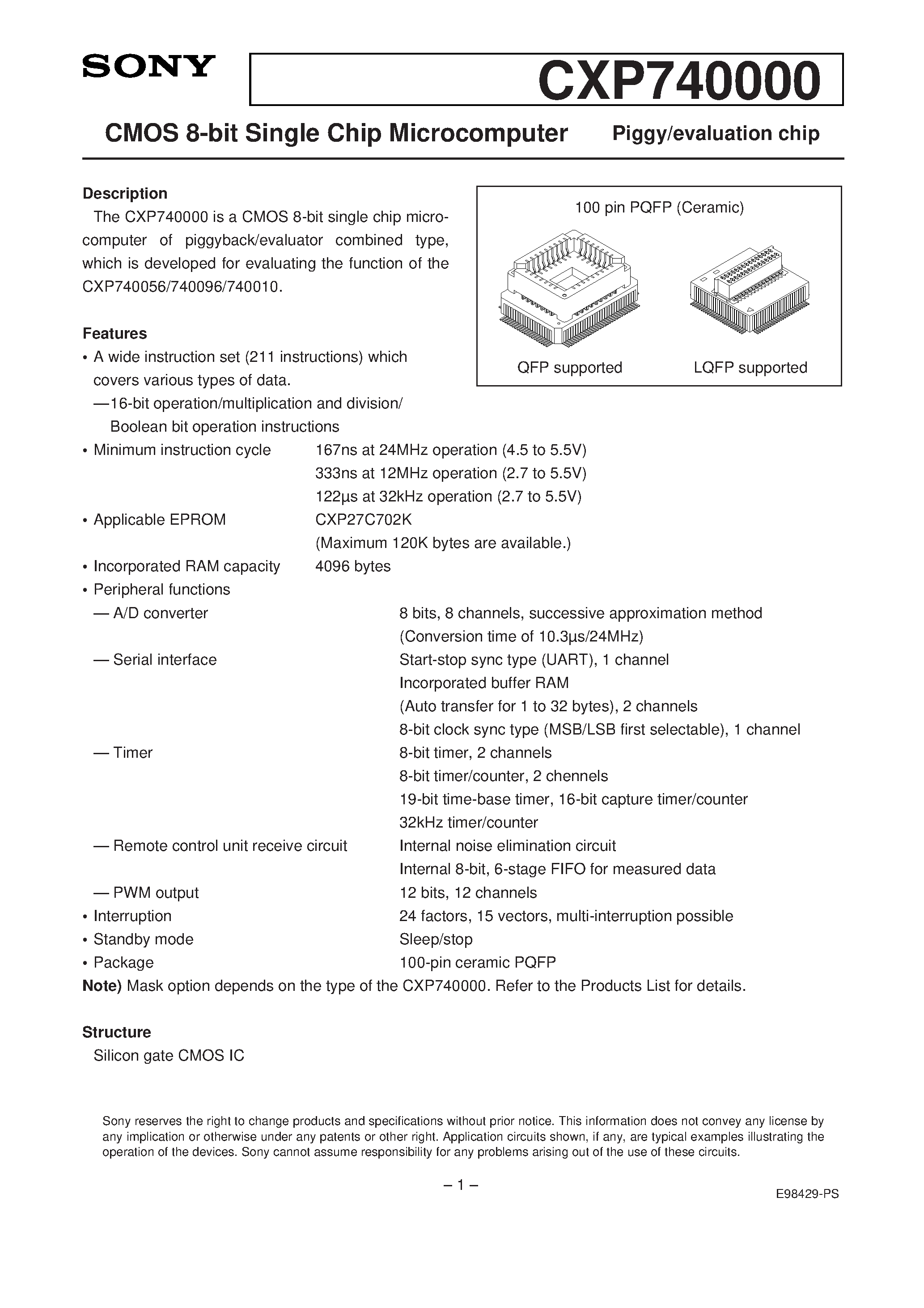 Даташит на микросхему CXP740000 страница 1 Даташит CXP740000 - CMOS 8-bit Single Chip Microcomputer страница 1