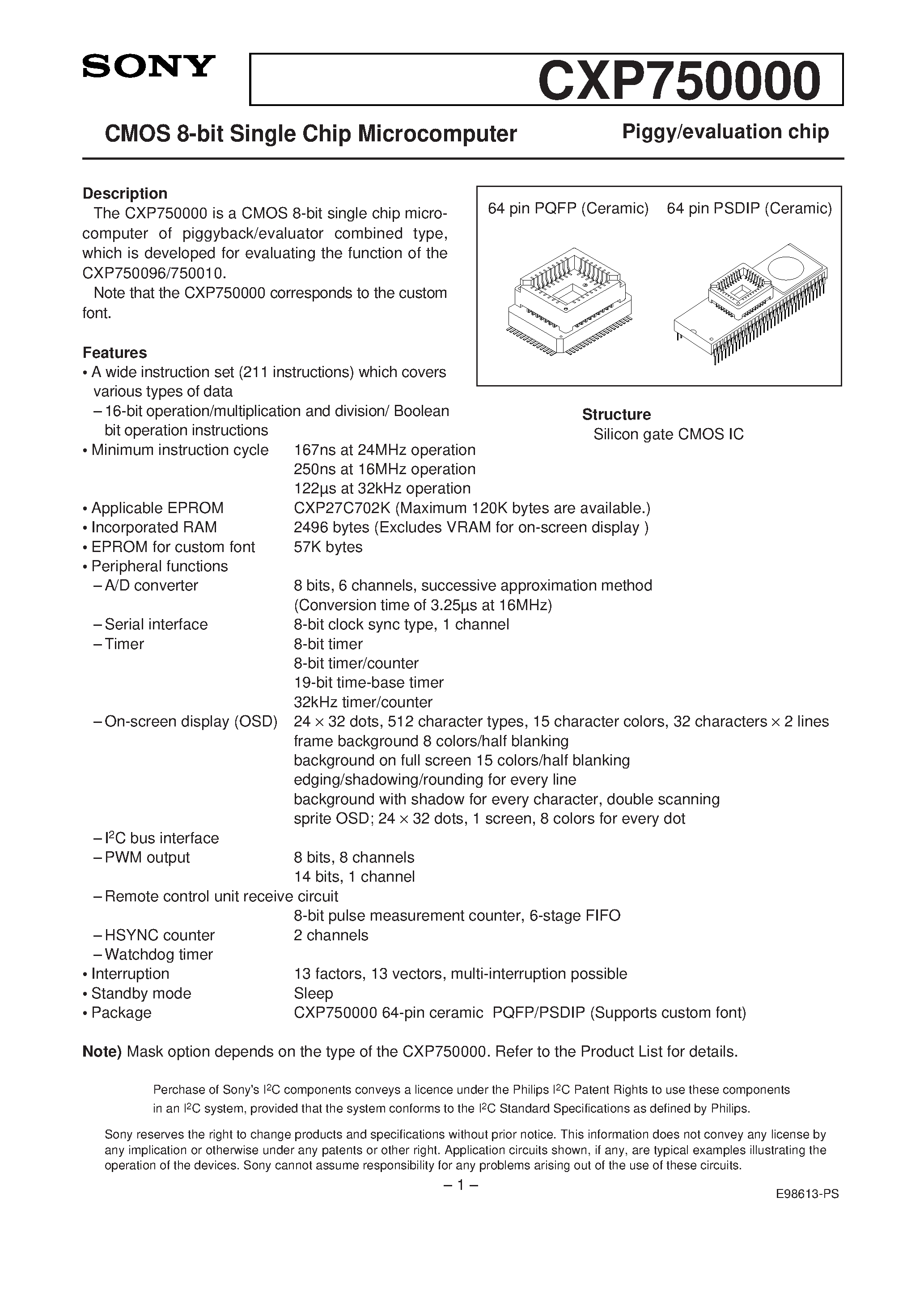 Даташит на микросхему CXP750000 страница 1 Даташит CXP750000 - CMOS 8-bit Single Chip Microcomputer страница 1