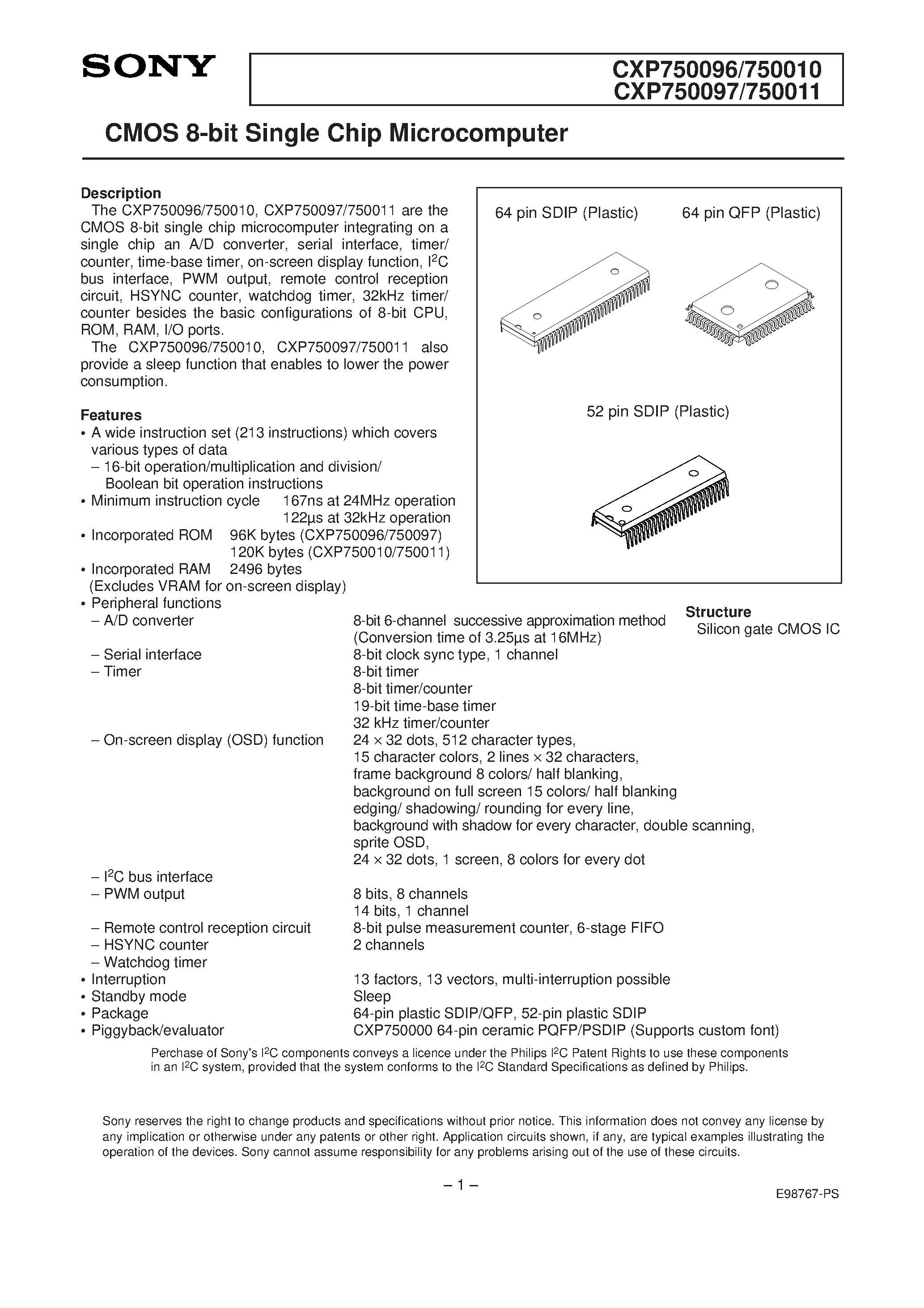 Даташит CXP750097 - CMOS 8-bit Single Chip Microcomputer страница 1