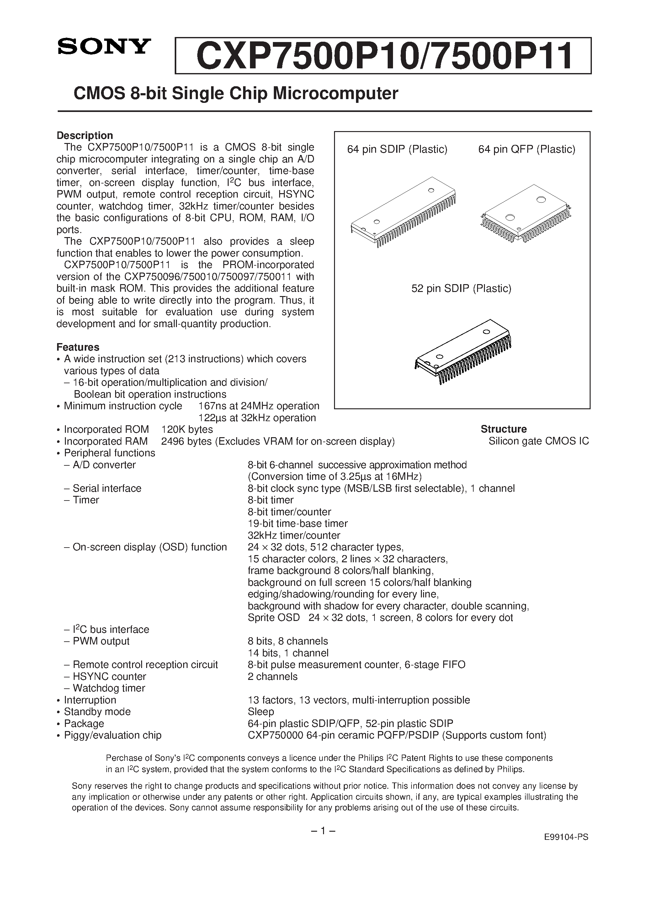 Даташит на микросхему CXP7500P10 страница 1 Даташит CXP7500P10 - CMOS 8-bit Single Chip Microcomputer страница 1