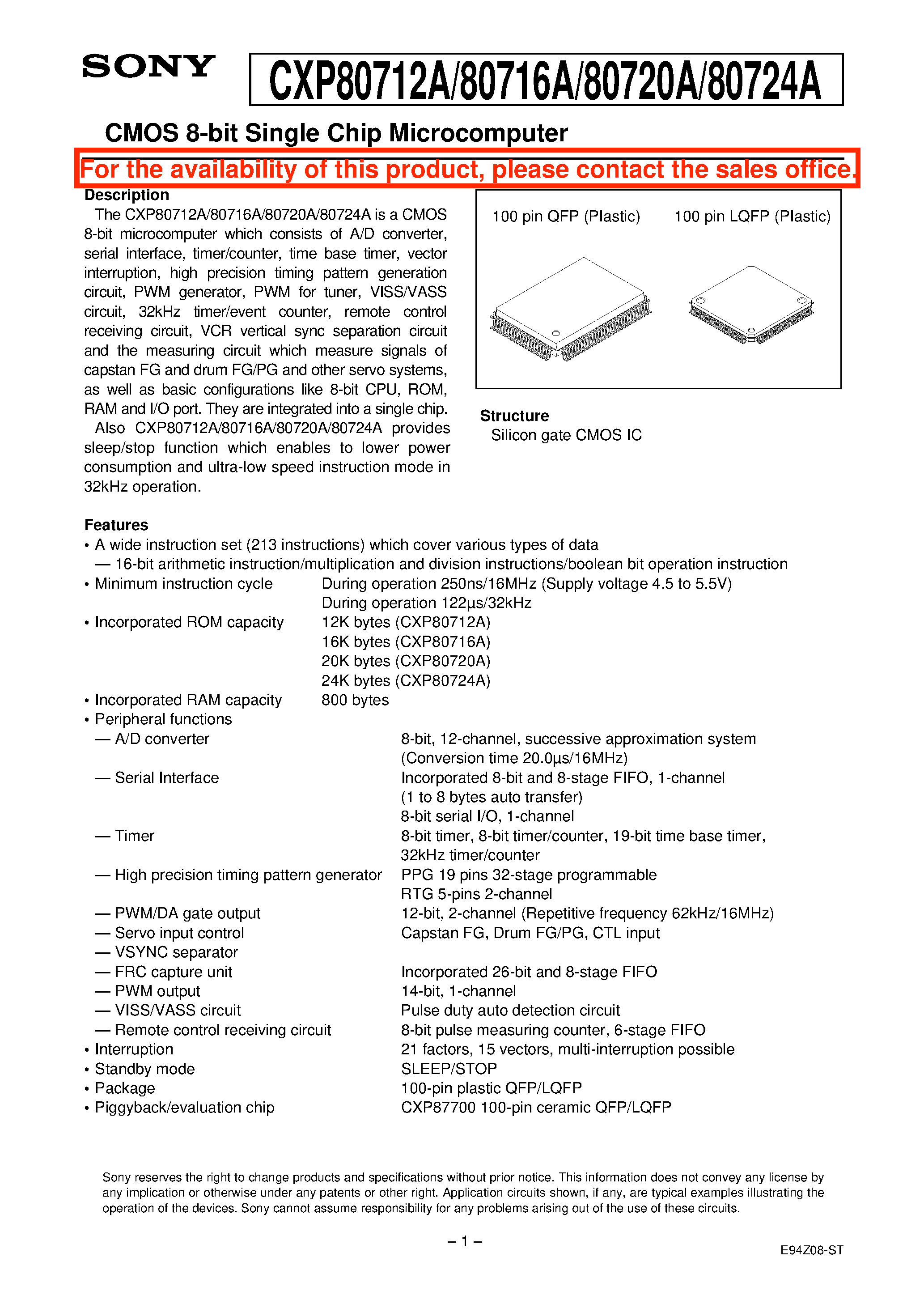 Даташит на микросхему CXP80724A страница 1 Даташит CXP80724A - CMOS 8-bit Single Chip Microcomputer страница 1