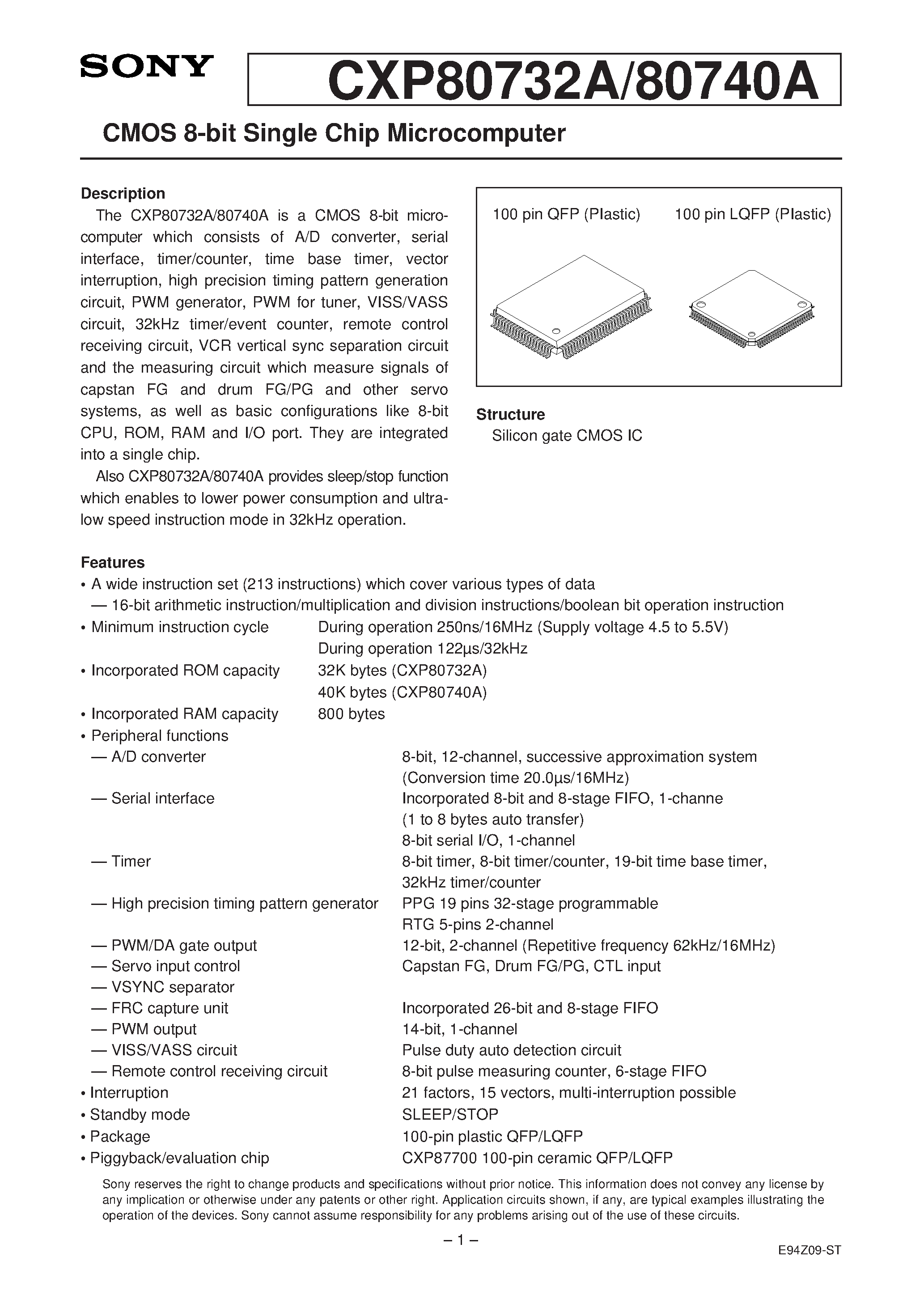 Даташит на микросхему CXP80740A страница 1 Даташит CXP80740A - CMOS 8-bit Single Chip Microcomputer страница 1