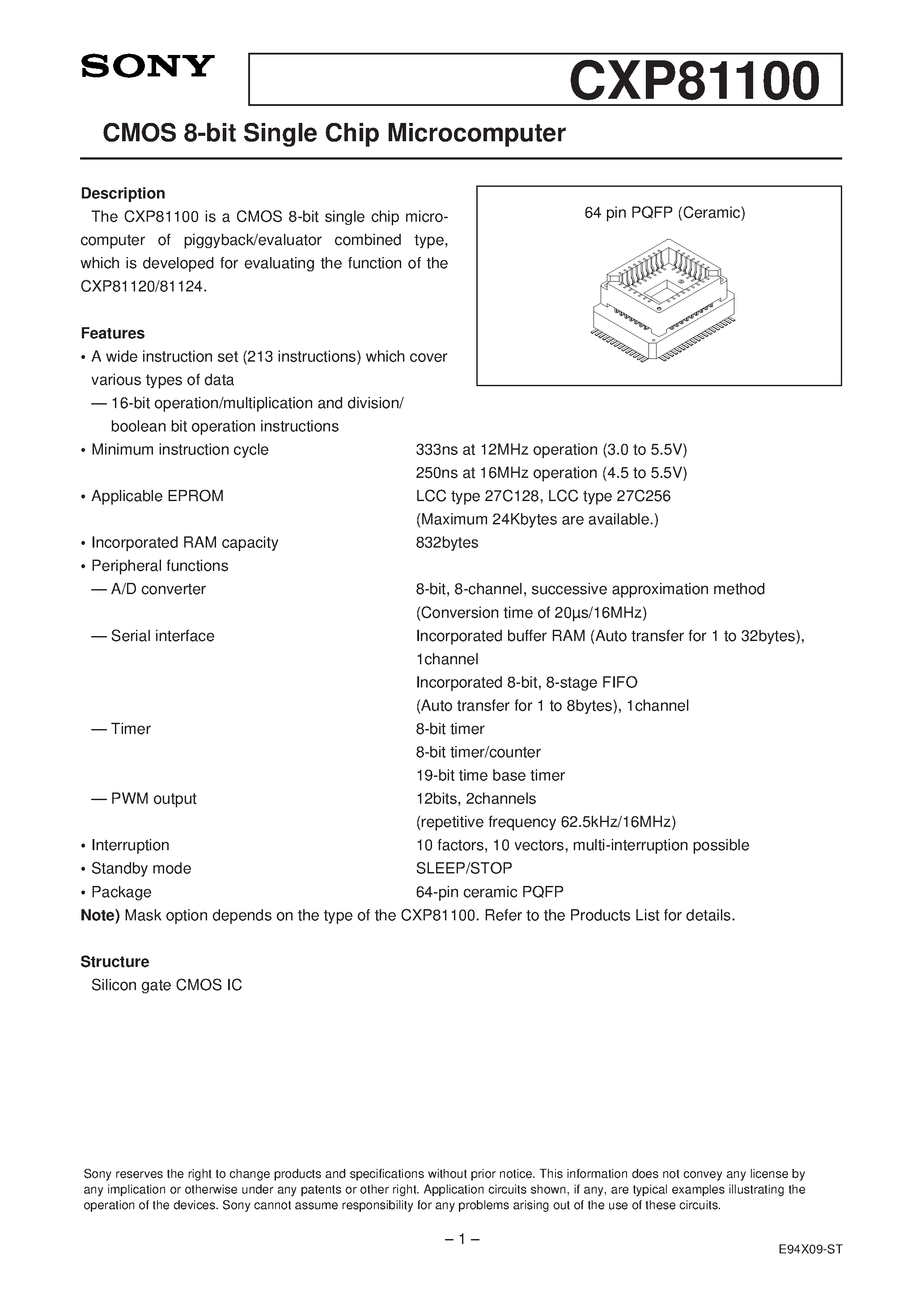 Даташит на микросхему CXP81100 страница 1 Даташит CXP81100 - CMOS 8-bit Single Chip Microcomputer страница 1