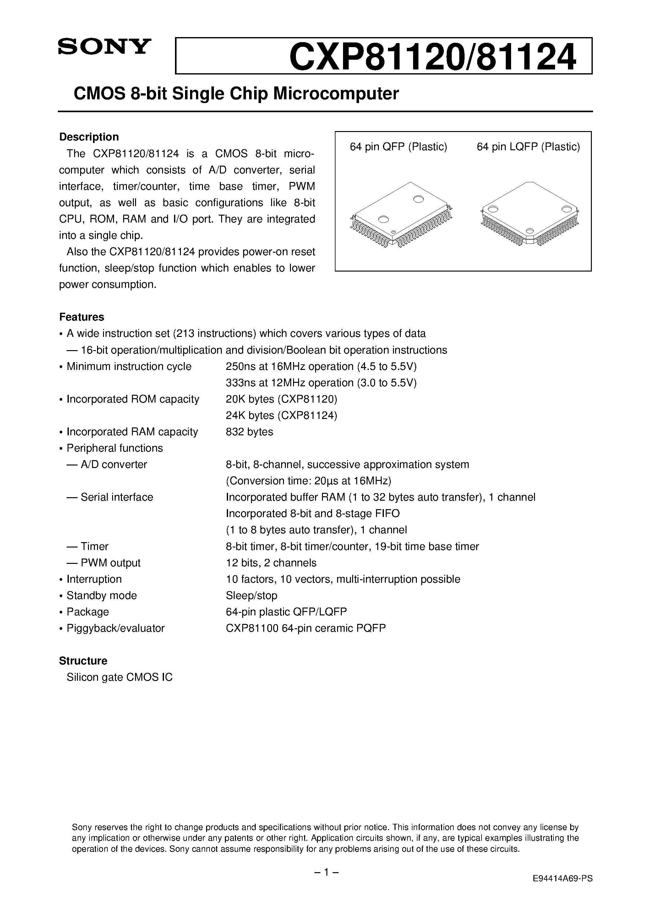Даташит на микросхему CXP81124 страница 1 Даташит CXP81124 - CMOS 8-bit Single Chip Microcomputer страница 1