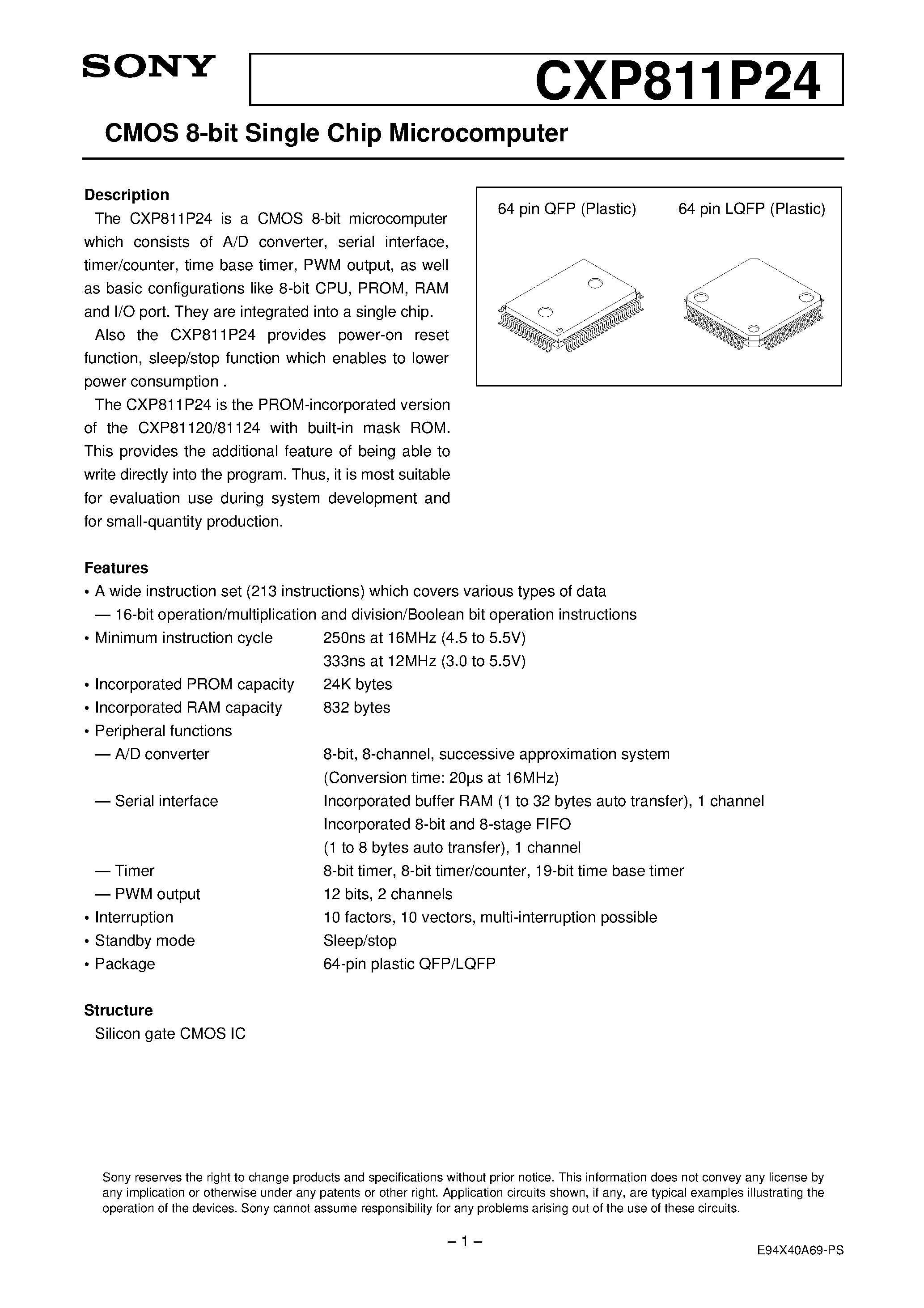 Даташит на микросхему CXP811P24 страница 1 Даташит CXP811P24 - CMOS 8-bit Single Chip Microcomputer страница 1