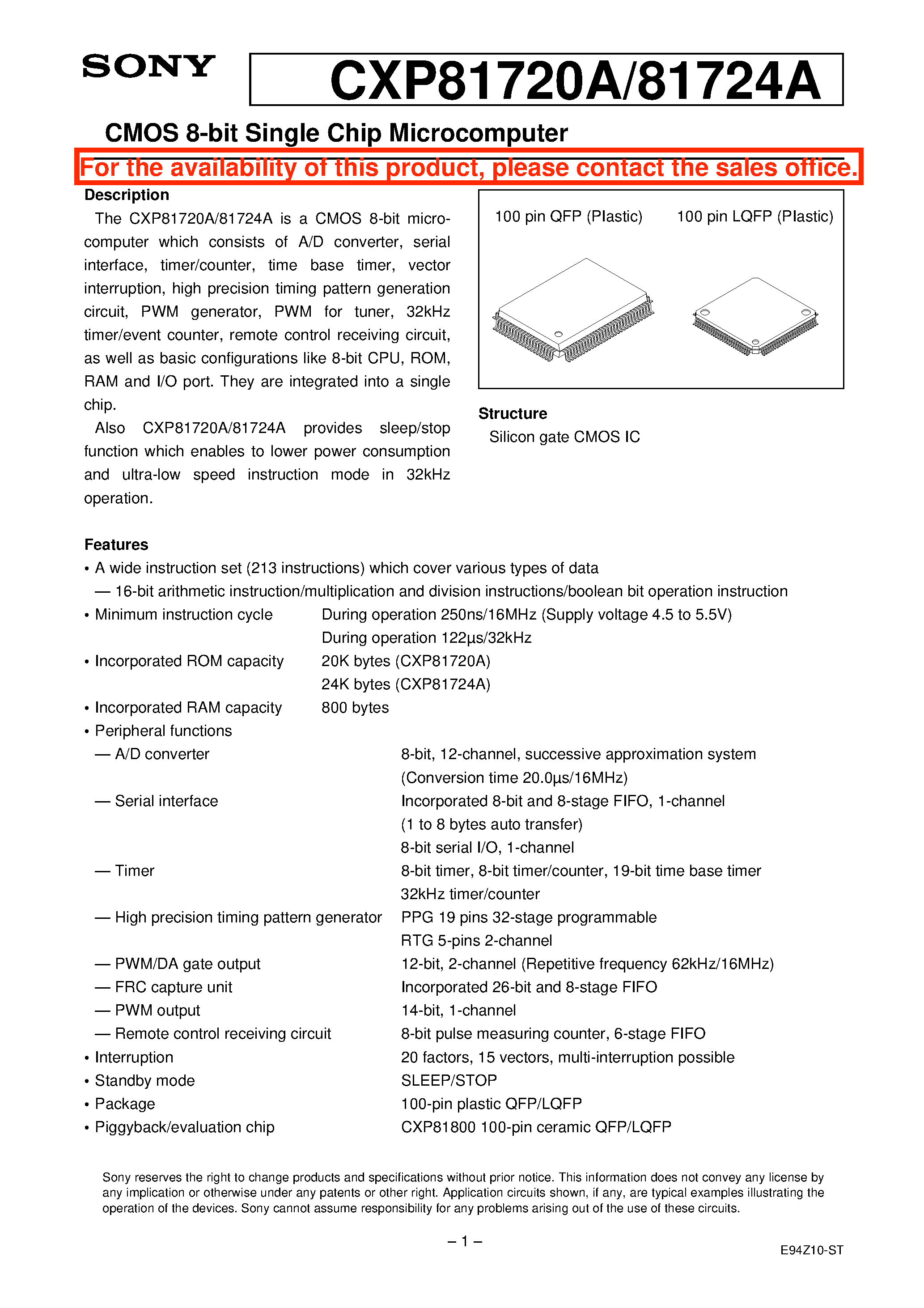 Даташит на микросхему CXP81720A страница 1 Даташит CXP81720A - CMOS 8-bit Single Chip Microcomputer страница 1