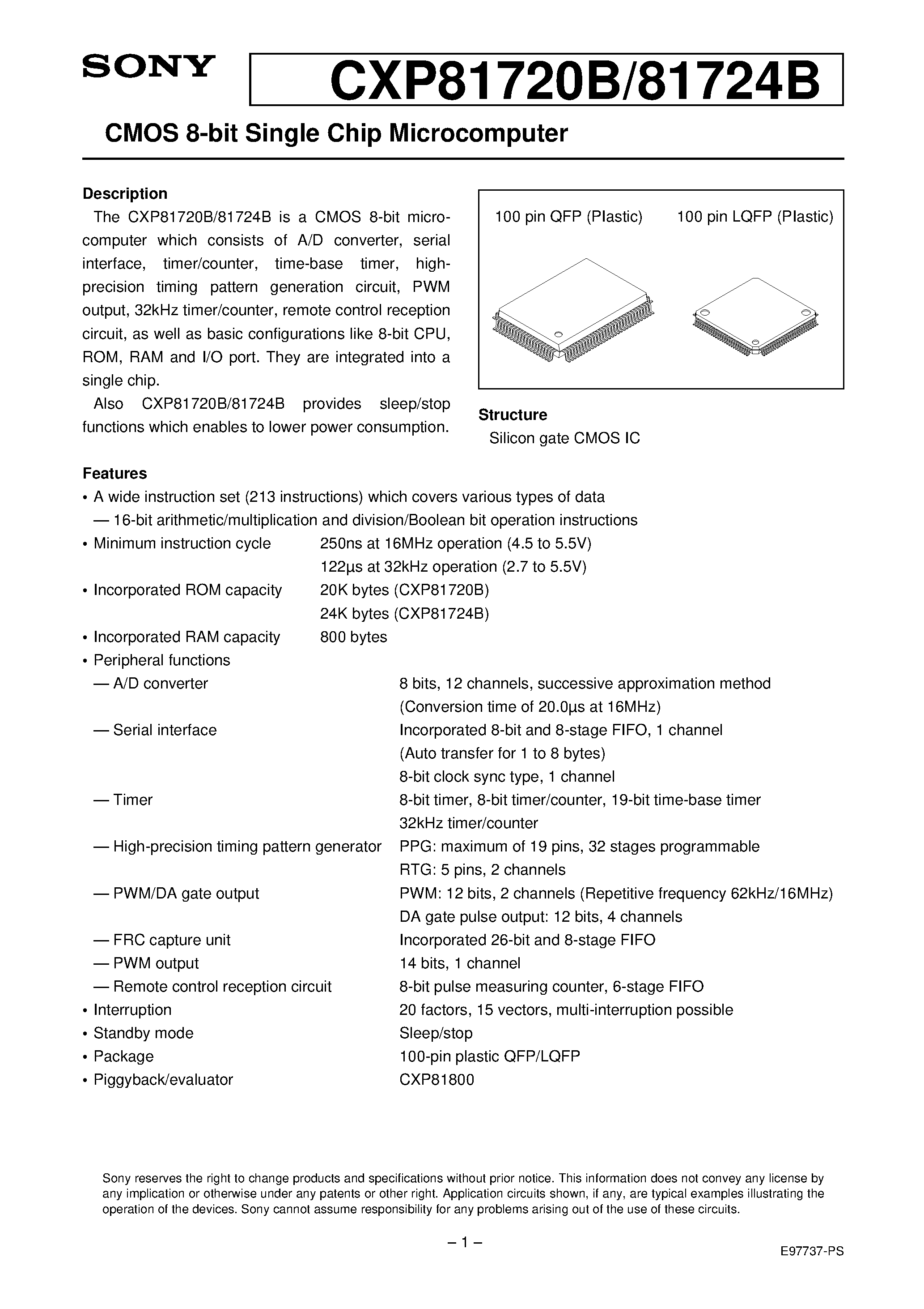 Даташит на микросхему CXP81720B страница 1 Даташит CXP81720B - CMOS 8-bit Single Chip Microcomputer страница 1