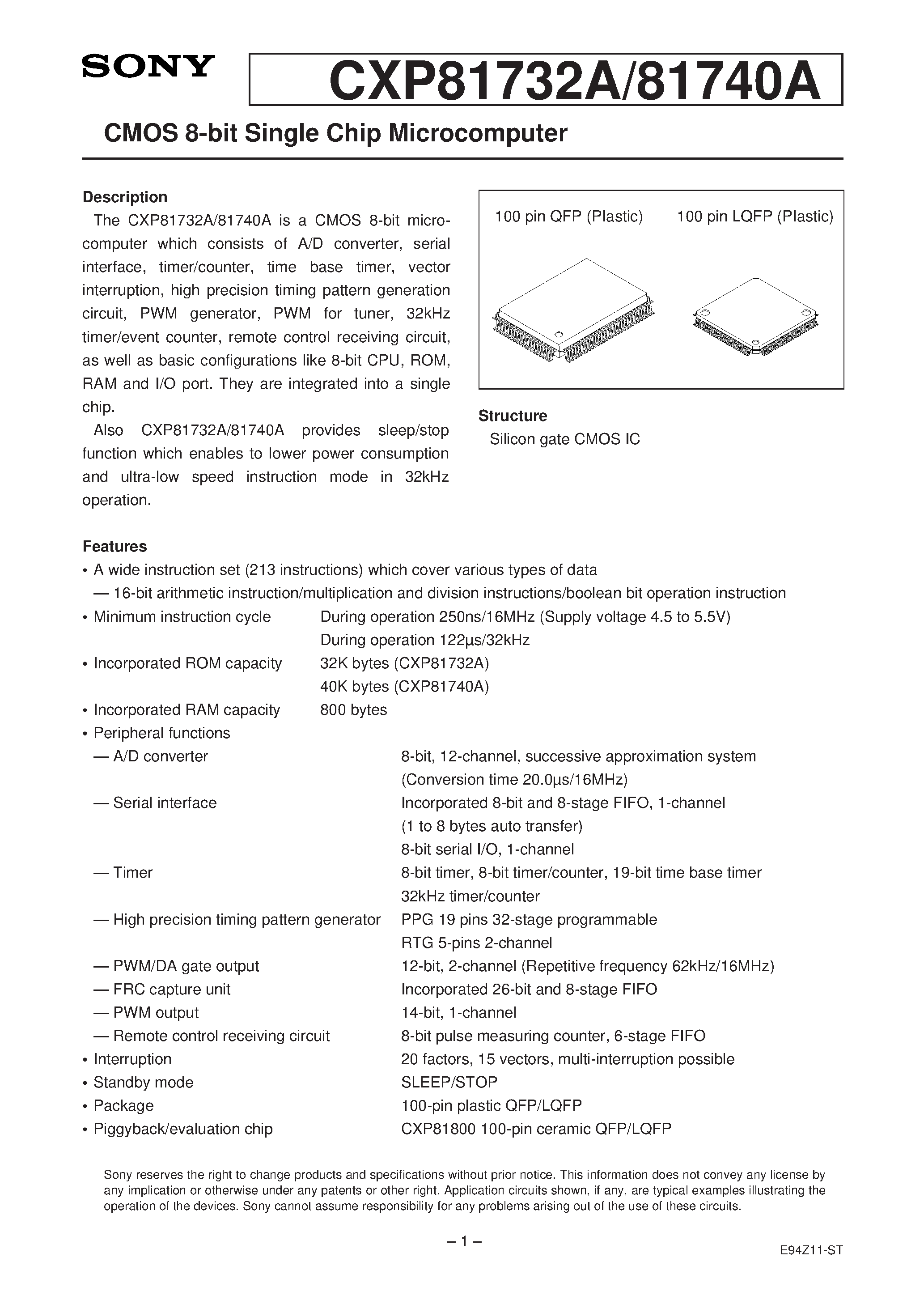 Даташит на микросхему CXP81740A страница 1 Даташит CXP81740A - CMOS 8-bit Single Chip Microcomputer страница 1
