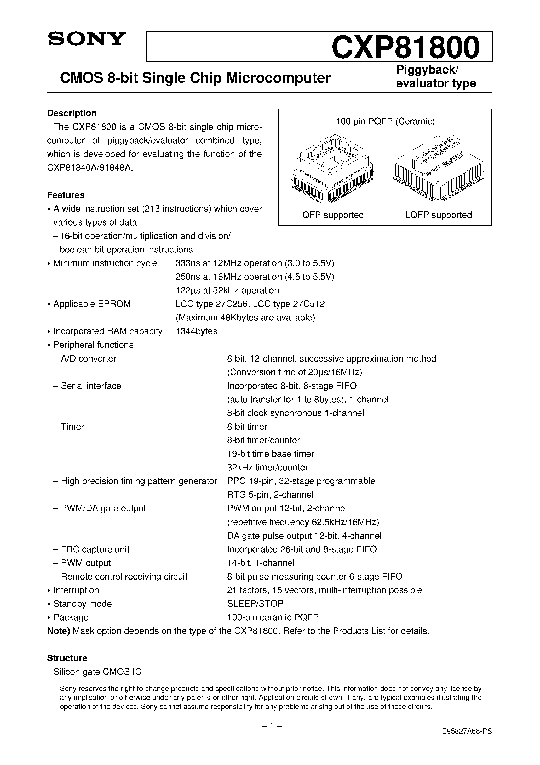 Даташит CXP81800 - CMOS 8-bit Single Chip Microcomputer страница 1