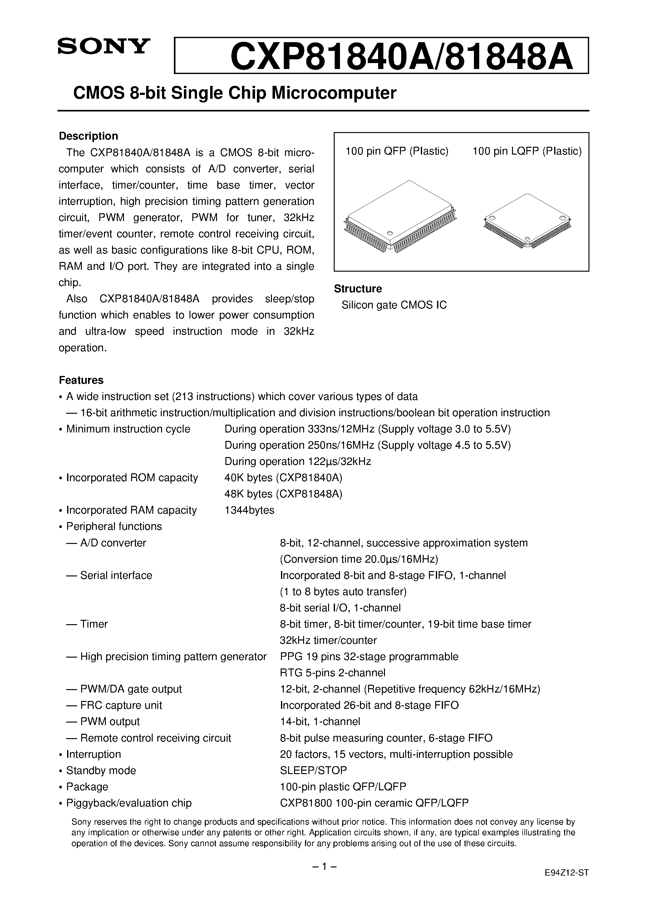 Даташит на микросхему CXP81848A страница 1 Даташит CXP81848A - CMOS 8-bit Single Chip Microcomputer страница 1