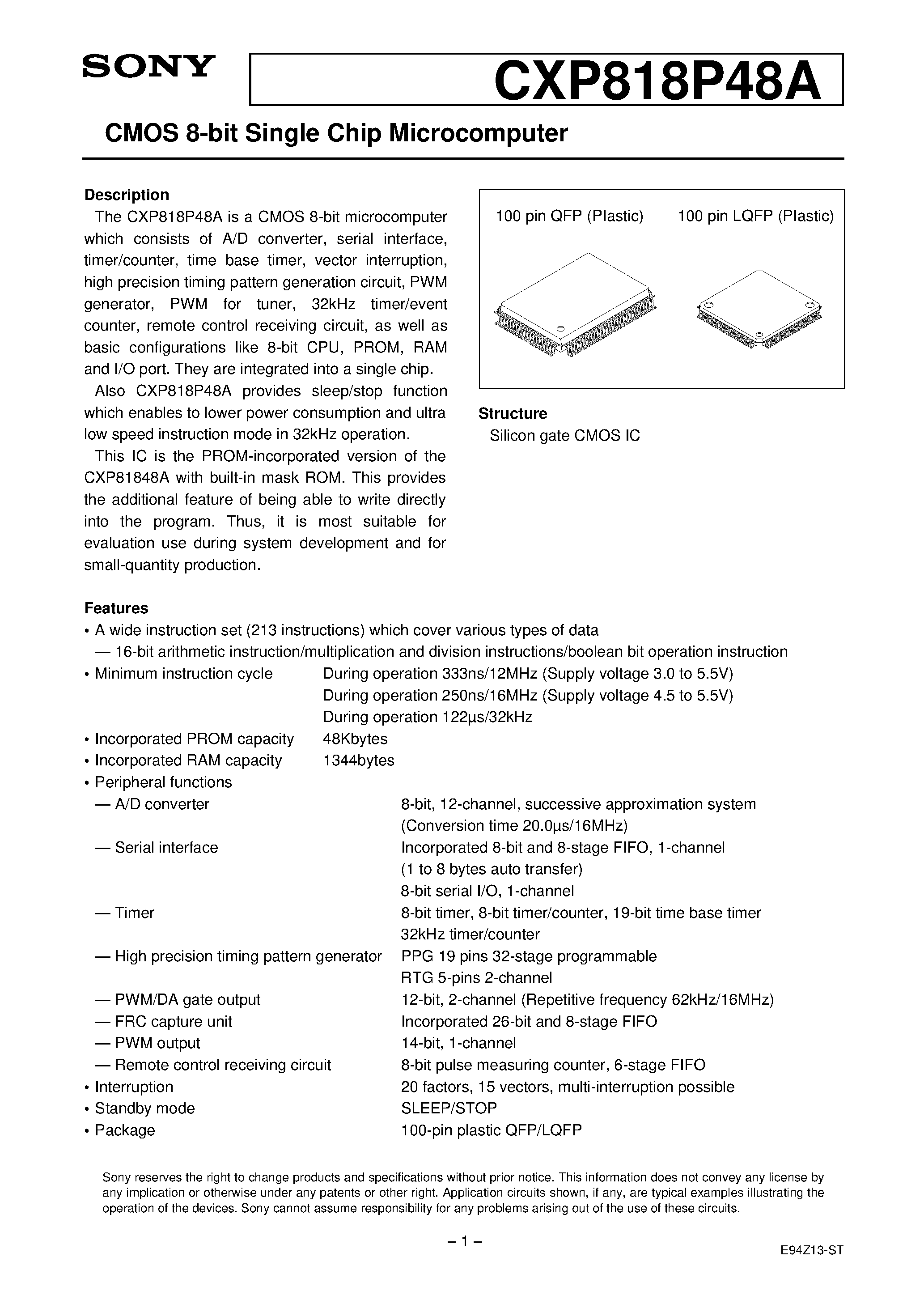 Даташит на микросхему CXP818P48A страница 1 Даташит CXP818P48A - CMOS 8-bit Single Chip Microcomputer страница 1