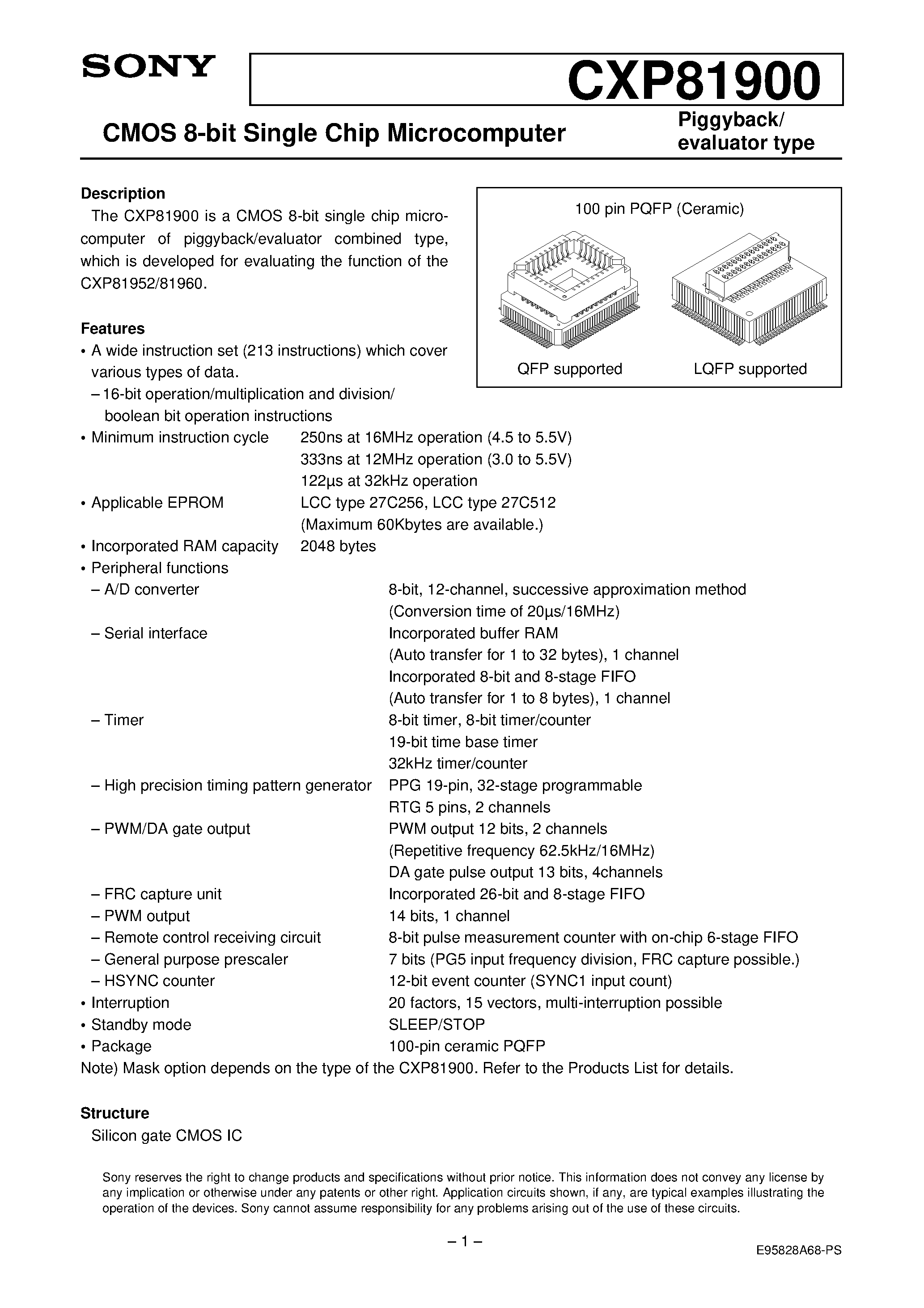 Даташит на микросхему CXP81900 страница 1 Даташит CXP81900 - CMOS 8-bit Single Chip Microcomputer страница 1
