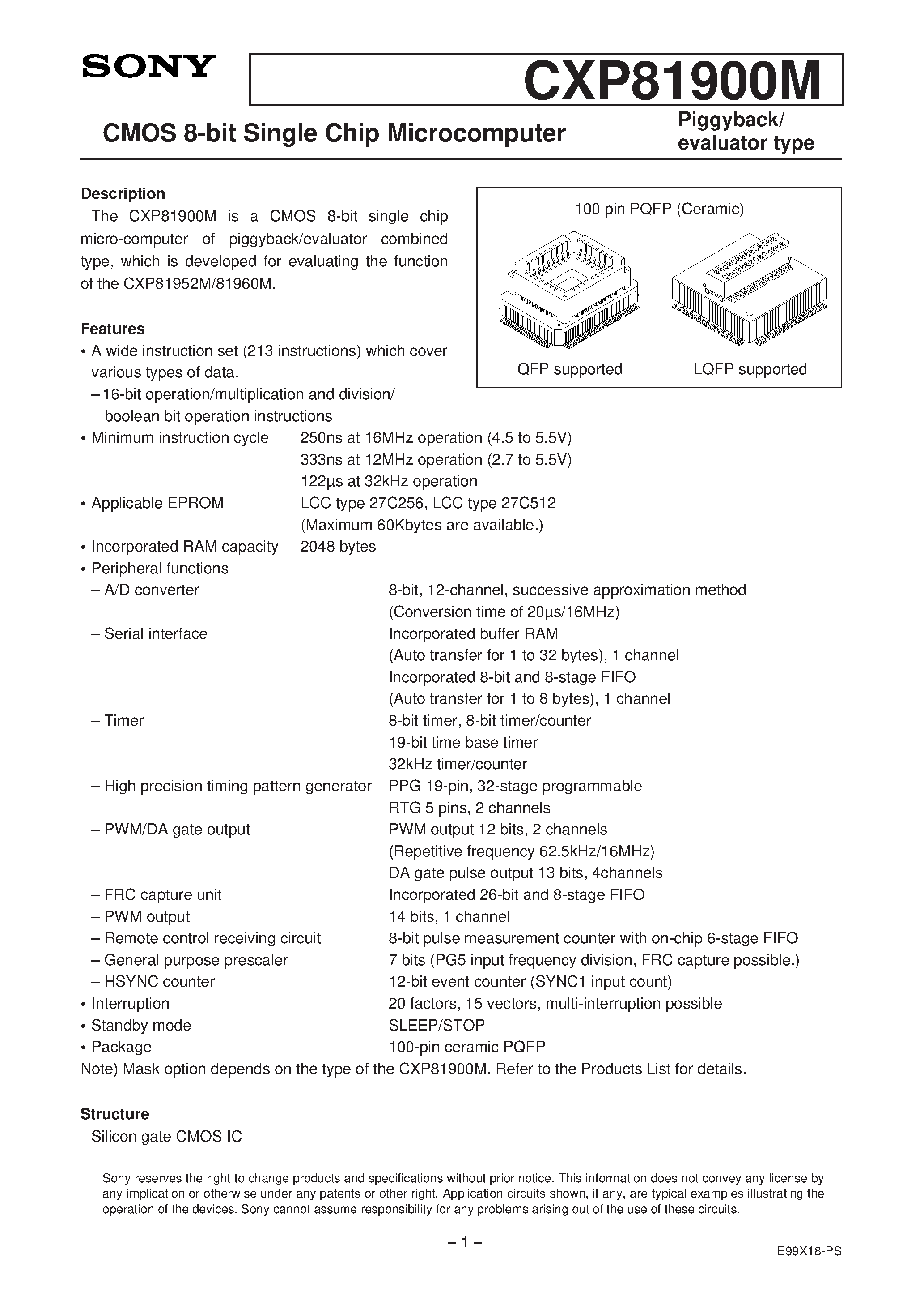 Даташит на микросхему CXP81900M страница 1 Даташит CXP81900M - CMOS 8-bit Single Chip Microcomputer страница 1