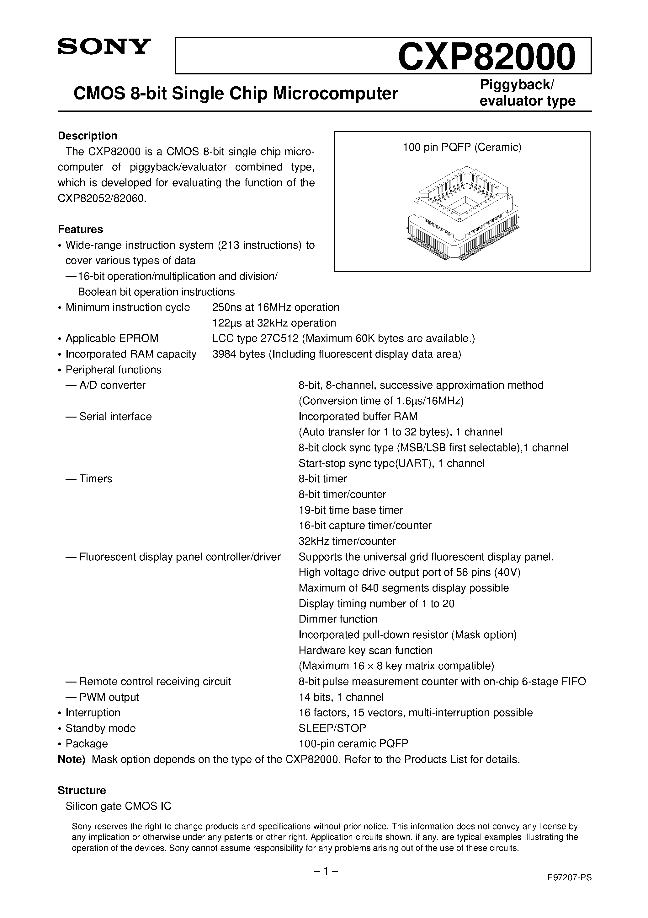 Даташит на микросхему CXP82000 страница 1 Даташит CXP82000 - CMOS 8-bit Single Chip Microcomputer страница 1