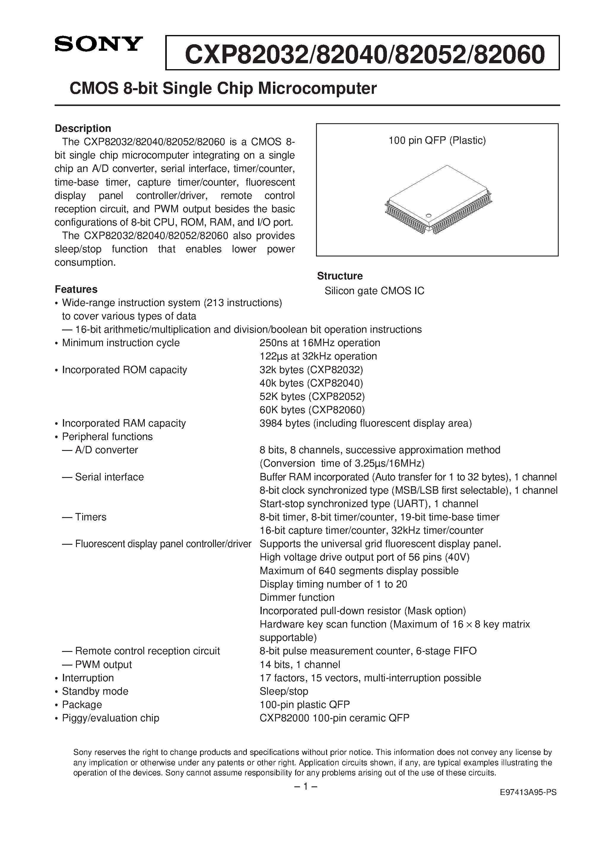 Даташит на микросхему CXP82060 страница 1 Даташит CXP82060 - CMOS 8-bit Single Chip Microcomputer страница 1