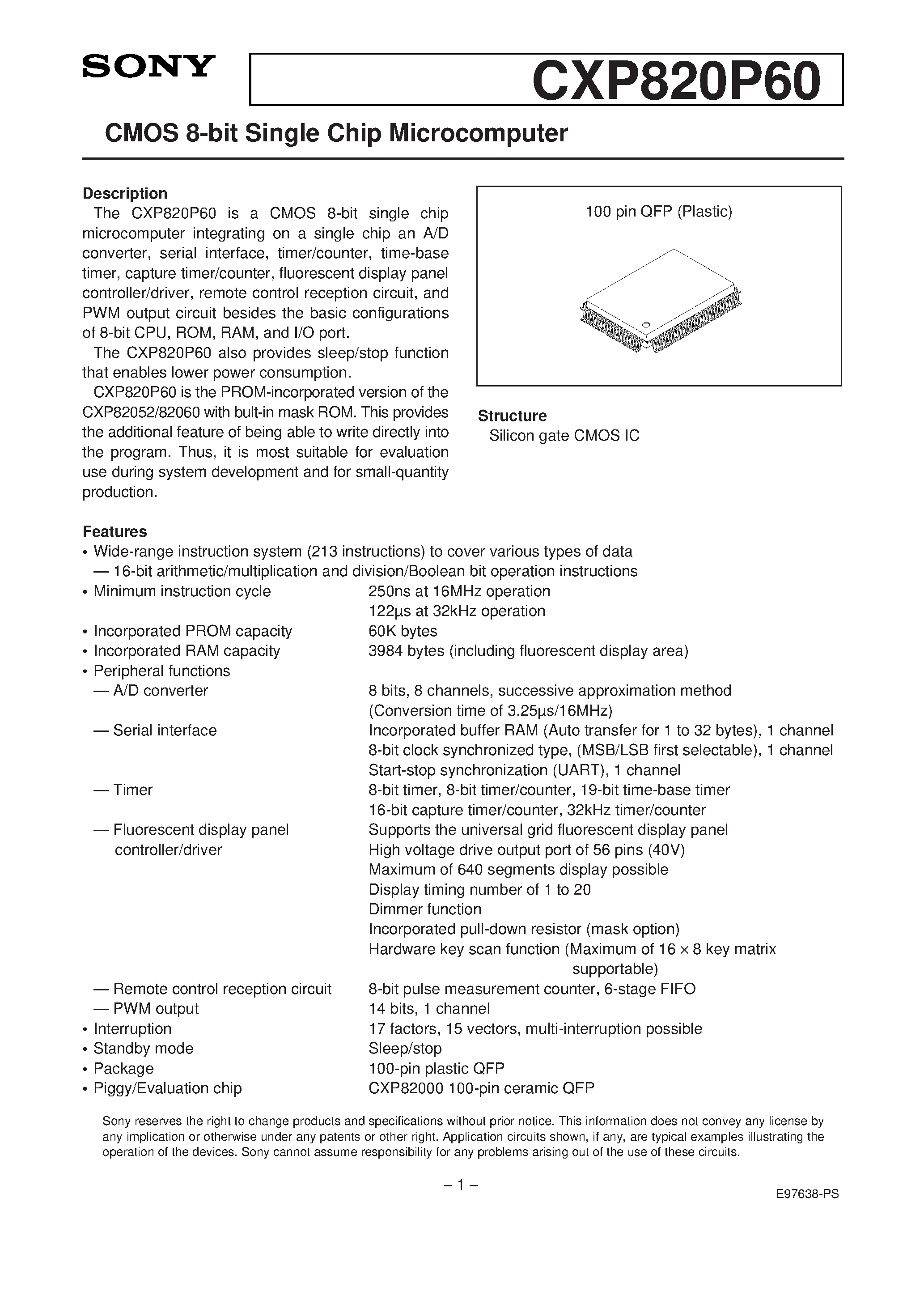 Даташит на микросхему CXP820P60 страница 1 Даташит CXP820P60 - CMOS 8-bit Single Chip Microcomputer страница 1