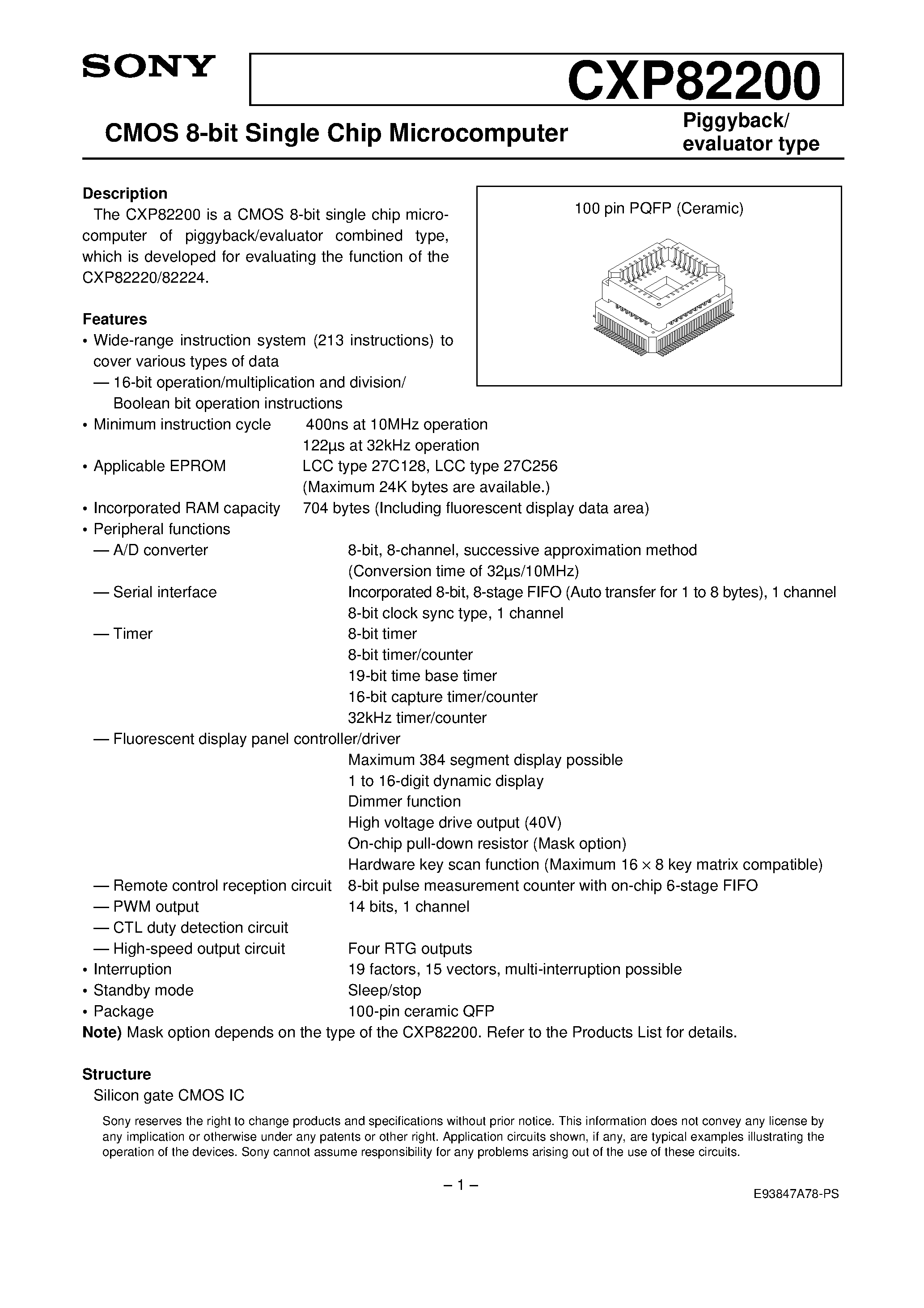 Даташит на микросхему CXP82200 страница 1 Даташит CXP82200 - CMOS 8-bit Single Chip Microcomputer страница 1