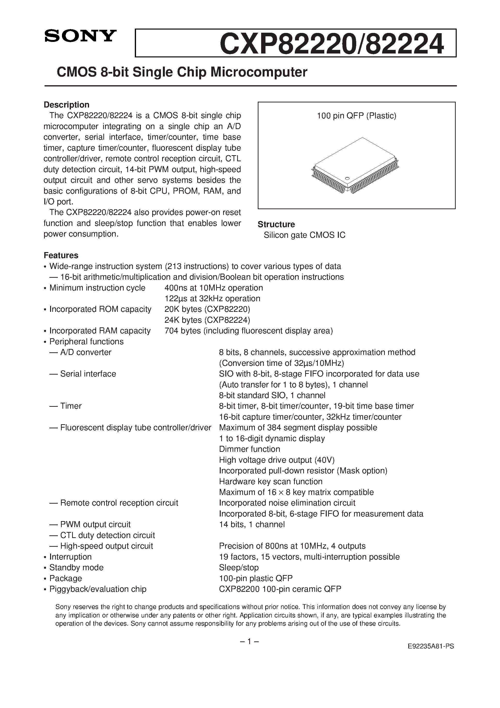 Даташит на микросхему CXP82220 страница 1 Даташит CXP82220 - CMOS 8-bit Single Chip Microcomputer страница 1