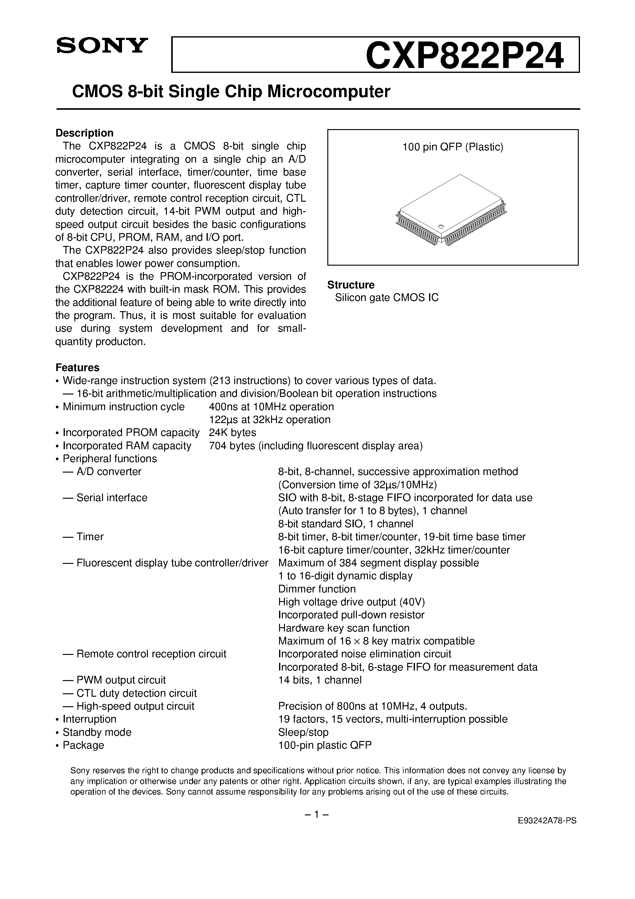 Даташит на микросхему CXP822P24 страница 1 Даташит CXP822P24 - CMOS 8-bit Single Chip Microcomputer страница 1