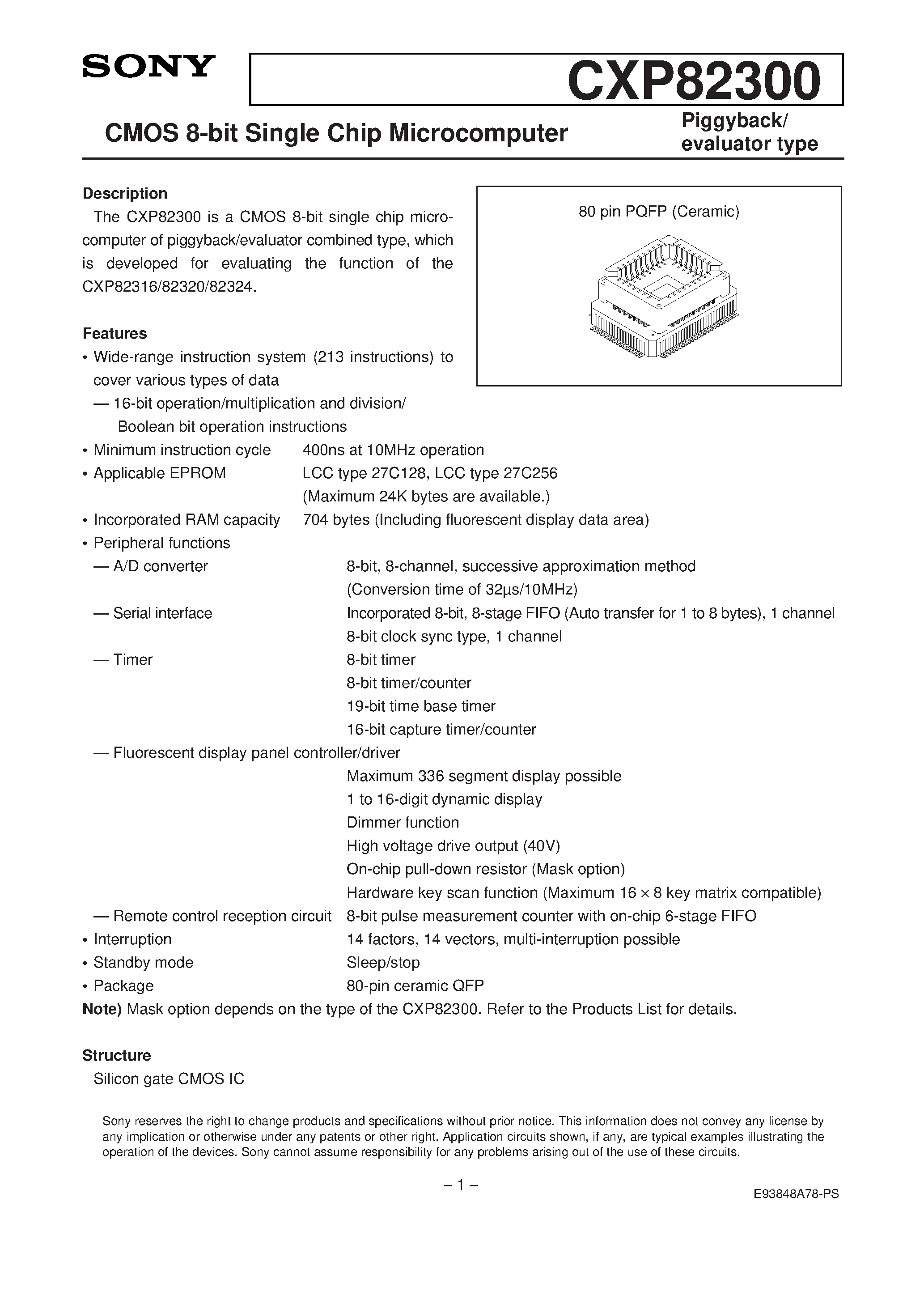 Даташит на микросхему CXP82300 страница 1 Даташит CXP82300 - CMOS 8-bit Single Chip Microcomputer страница 1