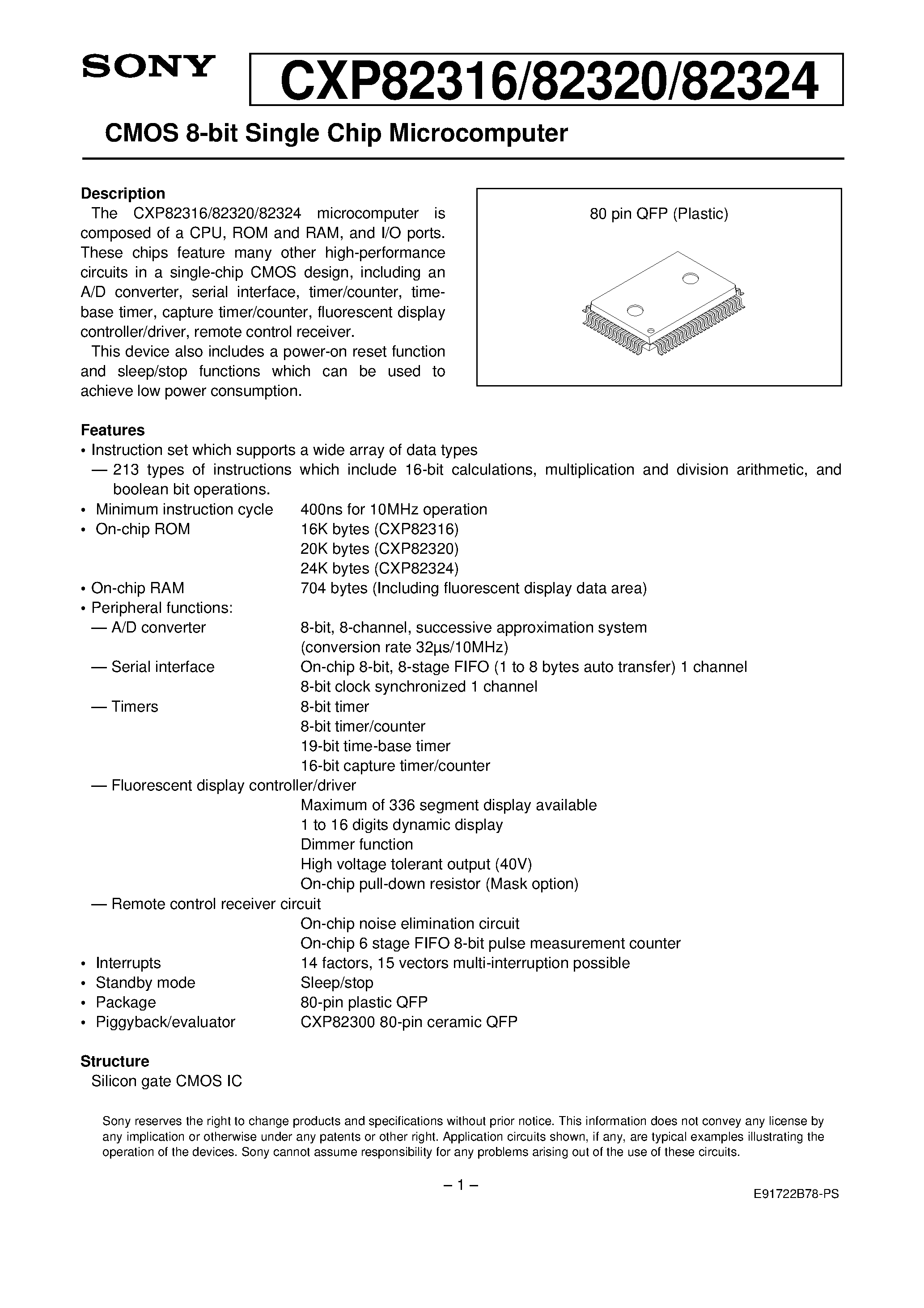 Даташит на микросхему CXP82320 страница 1 Даташит CXP82320 - CMOS 8-bit Single Chip Microcomputer страница 1