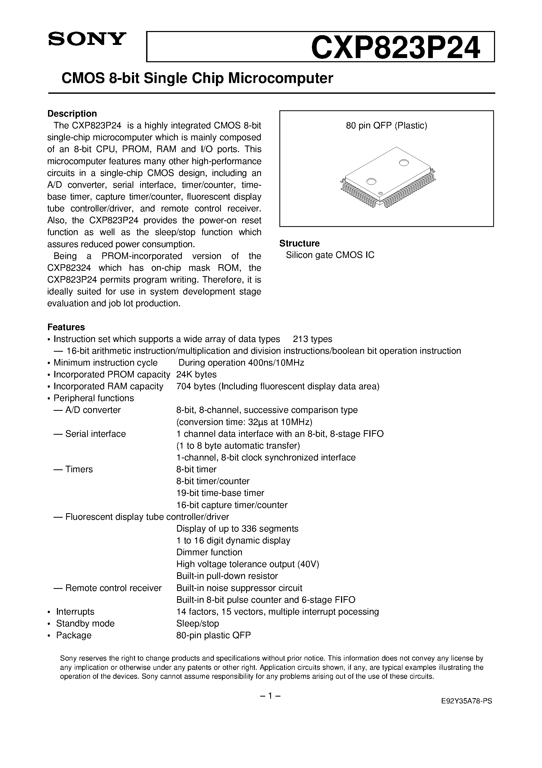Даташит на микросхему CXP823P24 страница 1 Даташит CXP823P24 - CMOS 8-bit Single Chip Microcomputer страница 1